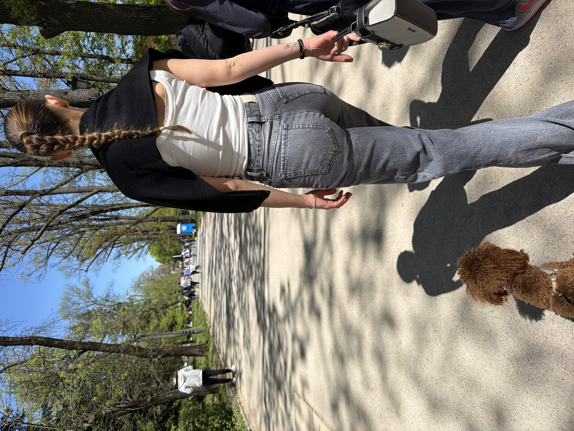 A slightly tilted, medium-angle, color photograph depicts a woman and her dog walking on a tree-lined path.
The woman is seen from behind, wearing a white tank top, grey jeans, and a black sweater draped over her shoulders. Her hair is braided down her back. She is carrying a small purse and wearing a bracelet on her left wrist.
To the right of the woman, a brown poodle walks on a leash. Shadows of the woman and another person are cast on the path.
In the background, a crowd of people and portable restrooms can be seen in the distance. Trees line the path on both sides.
Based on the location features such as the tree-lined path, the presence of portable restrooms, and the crowd of people, the location is likely in a park in Sofia, Bulgaria, possibly Borisova Gradina Park.