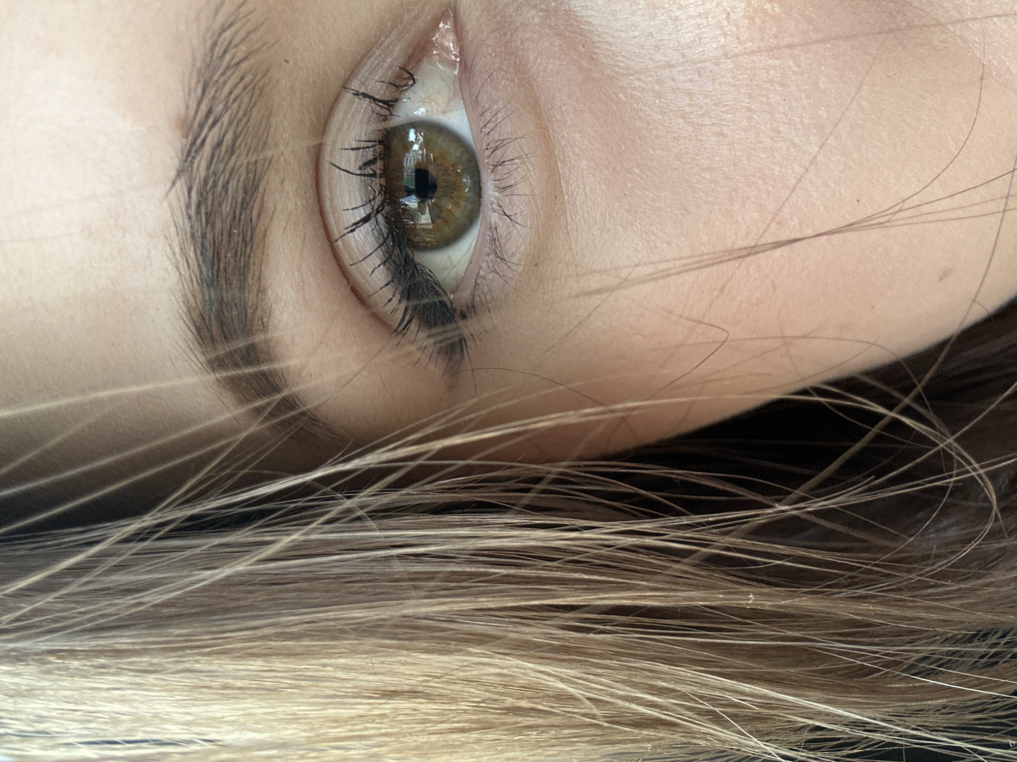 A close-up, high-detail photograph captures a person's eye and eyebrow, oriented diagonally across the frame. The subject is likely in Yekaterinburg, Russia. The eye features a striking hazel iris, a mix of green and brown, with a dark, round pupil. Within the iris, reflections of what appears to be an indoor ceiling light or window are visible, suggesting an indoor setting.
The eyelashes are prominent, long, and dark, indicating the possible application of mascara or eyelash extensions. The eyebrow is meticulously groomed, with individual hair strokes clearly visible, hinting at either natural density or cosmetic enhancement like microblading. The skin surrounding the eye and eyebrow appears smooth and fair.
Blonde or light brown hair cascades across the lower and right sections of the image, covering part of the subject's face. The fine strands of hair reflect light, emphasizing their texture and color. The composition focuses solely on these facial features and hair, creating an intimate, detailed portrait. No specific activity is depicted, and there is no visible text in the image.