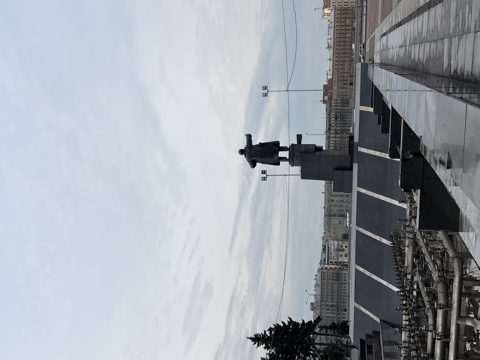 The image captures a statue of Vladimir Lenin standing atop an elevated platform in Saint Petersburg, Russia, set against a cityscape under an overcast sky. The platform appears to be constructed of dark, reflective material, possibly granite or polished stone, and includes decorative elements. The statue, depicting Lenin with an outstretched arm, is situated in front of a background of buildings and a network of overhead wires. To the lower left, a portion of a tree is visible, adding to the foreground elements. The environment suggests a public square or plaza within the urban landscape of Saint Petersburg.