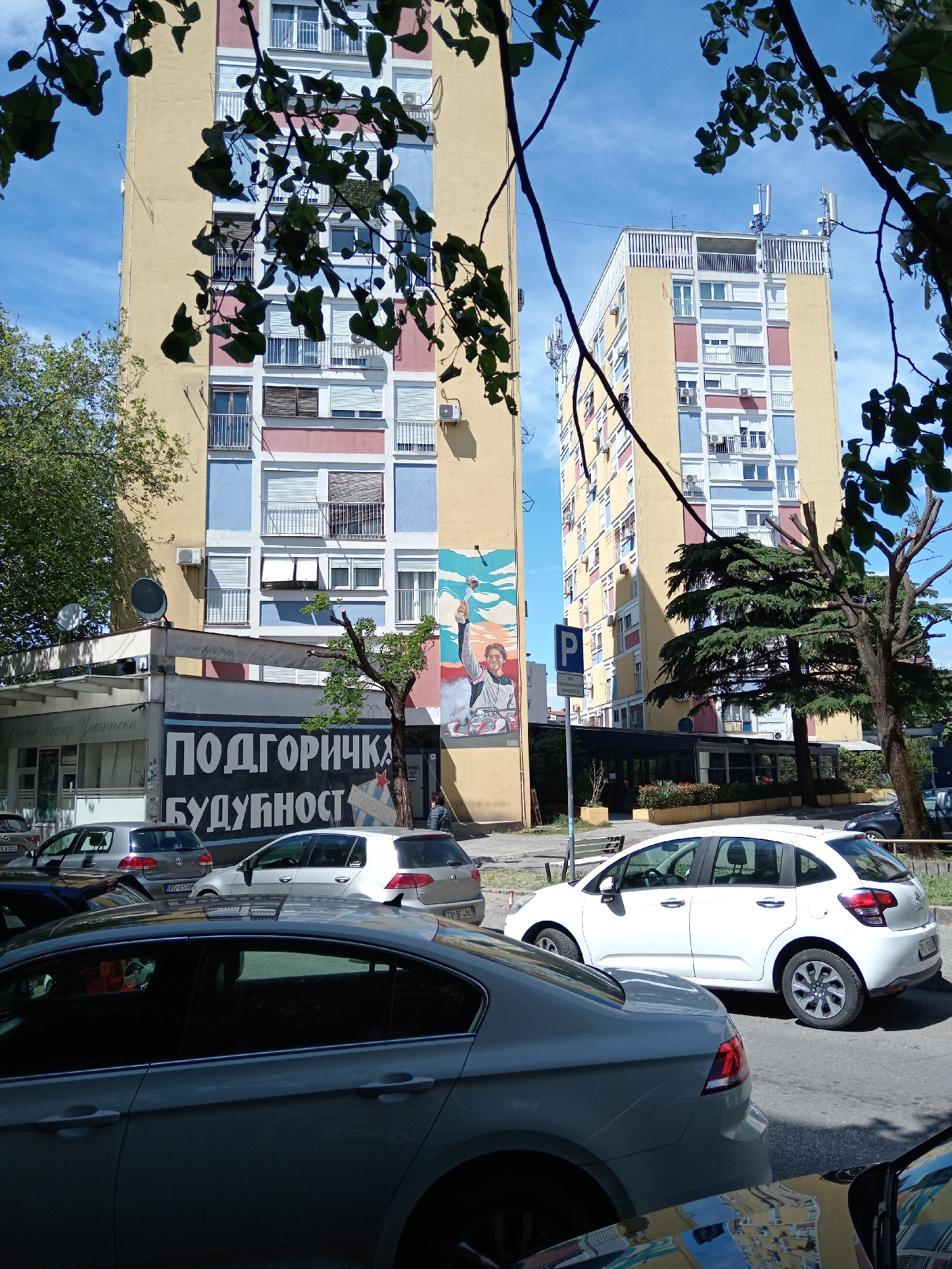This image captures a bright, sunny urban scene in Podgorica, Montenegro, depicting two tall, multi-story residential buildings, street-level businesses, parked cars, and lush greenery. The time of day appears to be mid-morning or early afternoon, given the bright sunlight and clear blue sky with sparse clouds.
The two prominent residential buildings are painted in a distinct color scheme of pale yellow, light blue, and pinkish-red bands, featuring numerous balconies, windows with white rolling shutters, and external air conditioning units. The rooftops are adorned with multiple antennae and satellite dishes.
At the ground level of the building on the left, a large mural is visible, depicting a dynamic figure, possibly an athlete or worker, raising something upwards. Below this mural, a large sign with white Cyrillic text on a dark background reads "ПОДГОРИЧКА БУДУЋНОСТ," which translates to "Podgorica's Future." This text is a notable cultural and local cue, potentially referencing the city's aspirations or the local football club, FK Budućnost Podgorica. Another smaller tree grows near the mural. Between the two main buildings, a structure resembling a cafe or restaurant with outdoor seating is partially visible, sheltered by a large, dense conifer tree. A blue 'P' parking sign is also present.
The street in the foreground and middle ground is lined with several parked cars. A dark gray sedan occupies the immediate foreground, with a white Citroën C3 hatchback parked further down the street, and a gray Volkswagen Golf hatchback also visible. License plates with "PG" for Podgorica are partially discernible on some vehicles.
Overhead, dark green leaves from an unseen tree frame the top and left side of the image, adding a natural element to the otherwise urban landscape. One person is visible standing near the base of the left building, close to the mural. The overall atmosphere suggests a typical, bustling street in a residential area of the city.
