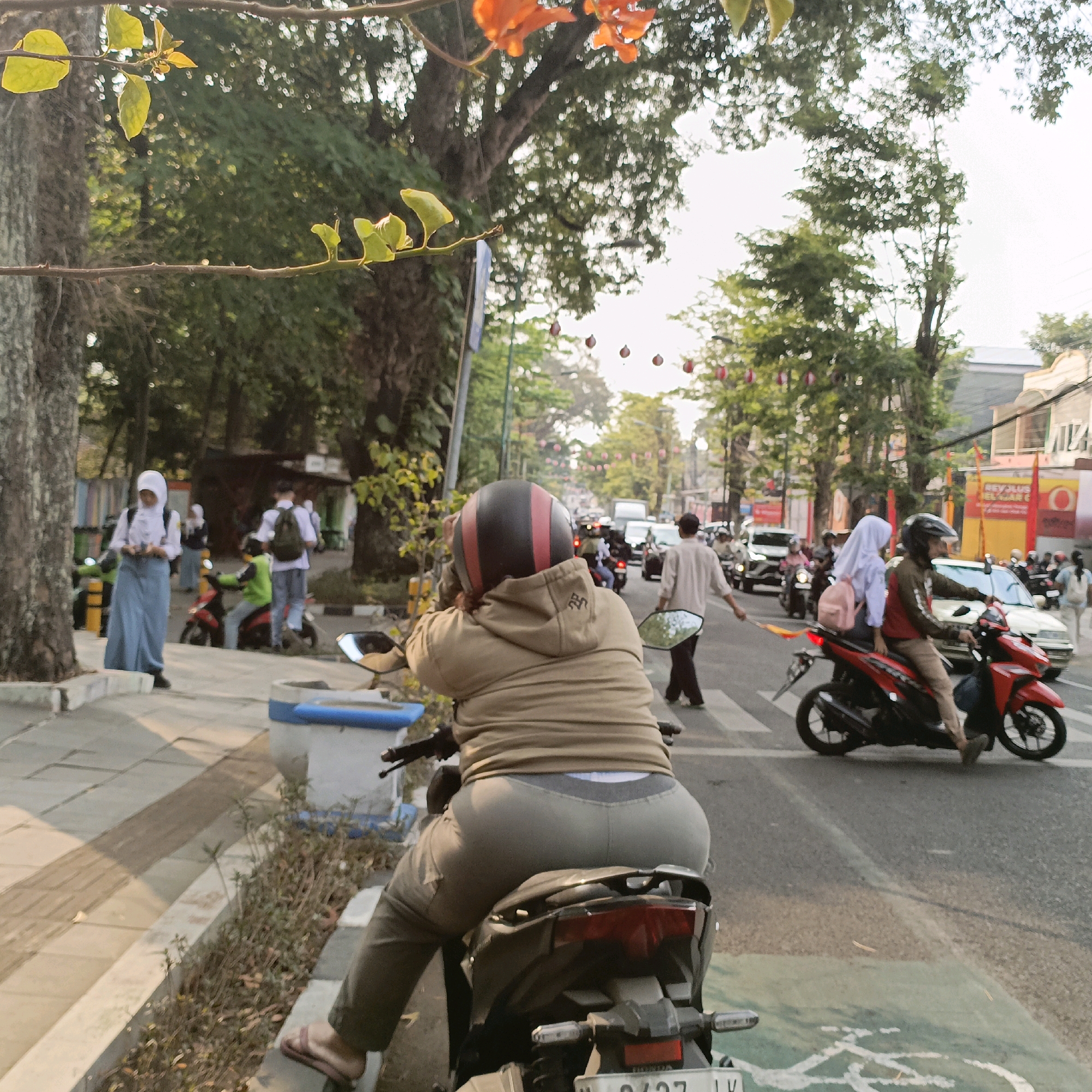 The image depicts a street scene in Salatiga, Indonesia, during daylight. In the foreground, a person is seated on a motorcycle, facing away from the camera, wearing a light brown hoodie and grey pants. The person has a helmet with red and black stripes on their head. The motorcycle is black and grey with a red taillight.
The street is paved and features traffic. Several other motorcycles and a few cars are visible, indicating moderate traffic flow. On the left side of the street, there is a sidewalk with people walking and standing. One person, wearing a white hijab and a blue skirt, is standing on the sidewalk. Another person in a white shirt and backpack is also on the sidewalk.
Trees line the street, providing shade. Some of the trees have branches with leaves and a few orange flowers hanging down into the frame from the top. Decorative red ornaments are strung across the street in the background, suggesting a festive or cultural event. The overall atmosphere appears to be that of a busy urban environment.