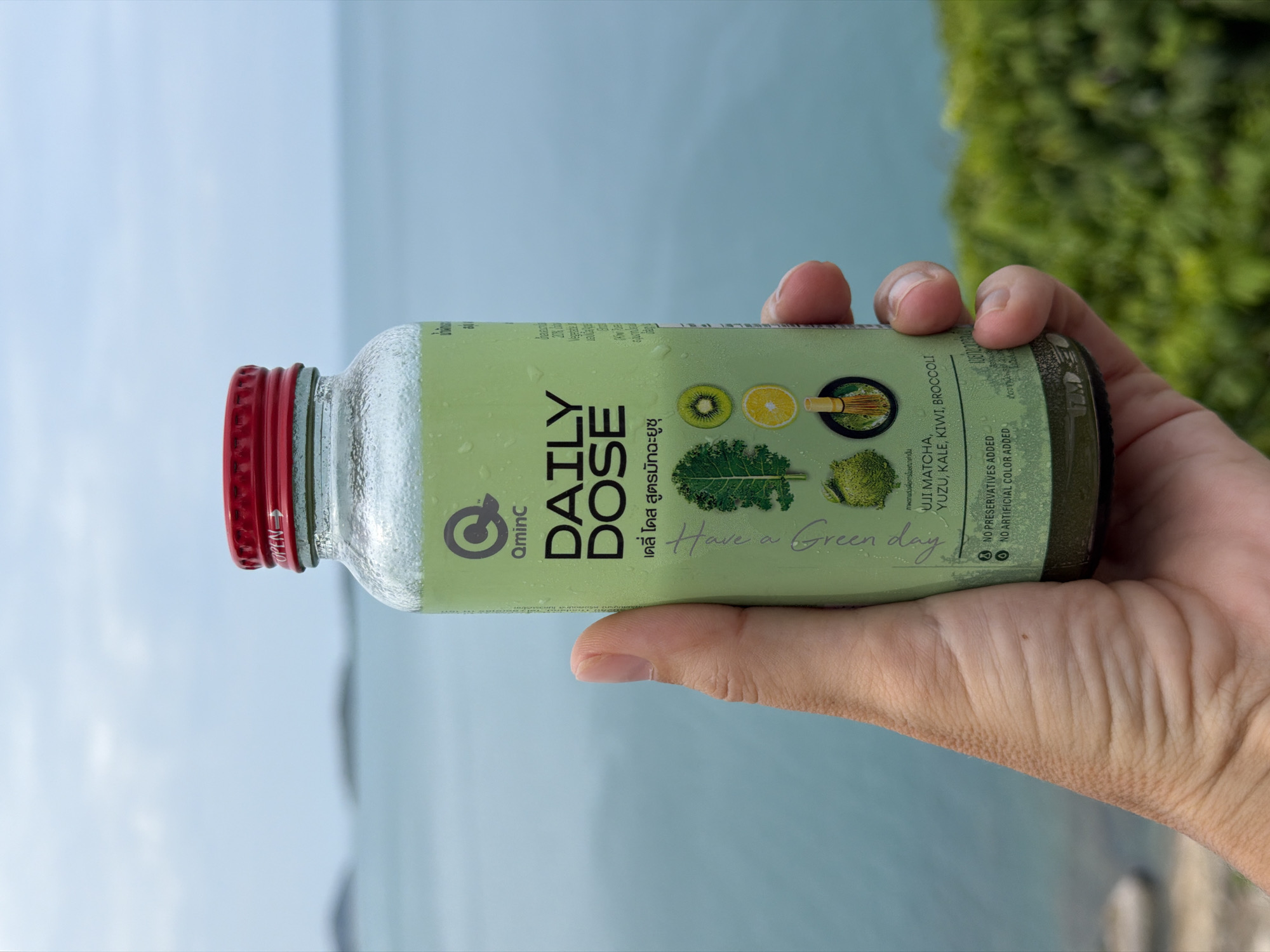 A person's hand holds a glass bottle of "Daily Dose" green juice, with a red cap, against a blurred background of the ocean and islands, possibly in Ko Samui District, Thailand. The label on the bottle features a stylized "Q" logo for "QminC," the text "DAILY DOSE," and Thai script. Images of kale, kiwi, yuzu, and broccoli are also depicted on the label, along with the text "matcha, yuzu, kale, kiwi, broccoli" and "NO PRESERVATIVES ADDED" and "NO ARTIFICIAL COLOR ADDED." The bottle is slightly frosted with condensation. The background shows a body of water and land masses under a cloudy sky, with lush green vegetation in the foreground.