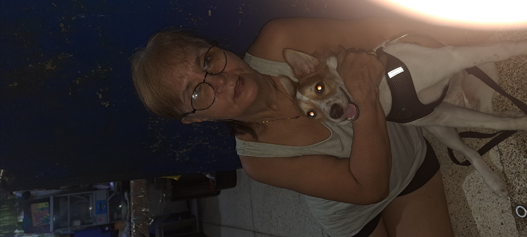 In the city of Mandaluyong, Philippines, a woman with short, blonde hair and glasses is embracing a small dog. The woman is wearing a light-colored tank top and dark shorts. The dog, which is white with brown markings, is wearing a black harness with reflective stripes. The dog's eyes are glowing yellow, indicating a flash or strong light source. They are sitting on a speckled floor in what appears to be an indoor setting, with a dark blue wall behind them. To the left, there is a shelf unit with various items, including what looks like a picture frame. The lighting is dim, with a bright lens flare on the right side of the image.