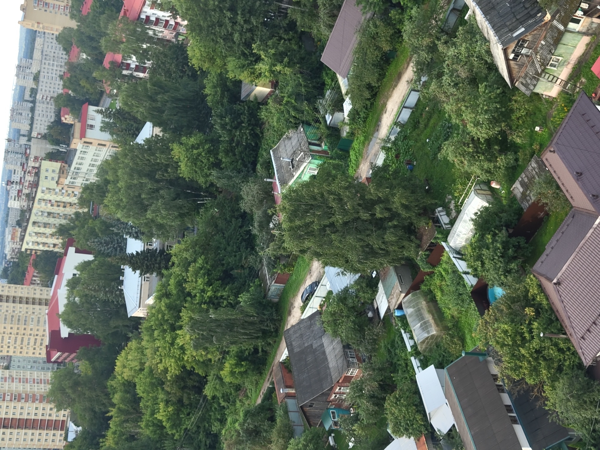 The image is an aerial view of a residential area with a mix of multi-story apartment buildings in the background and smaller houses and garden plots in the foreground. The setting appears to be Ramenskoye, Russia, given the architectural style of the apartment blocks and the presence of dachas, which are common in Russian suburban areas. The apartment buildings are light-colored, with multiple windows and balconies, and some have red roofs.
In the foreground, a variety of smaller structures are visible, including houses with dark-colored roofs, some appearing older with wooden elements and others more modern. There are also greenhouses, sheds, and fenced yards, indicating a community with private gardens. The area is densely covered with lush green trees, suggesting a warm season, likely summer. A dirt road winds through the scene, connecting some of the properties. A dark-colored car is parked on the road near one of the houses. There are no visible people in the image. The overall impression is one of a well-established residential neighborhood with a strong presence of nature.