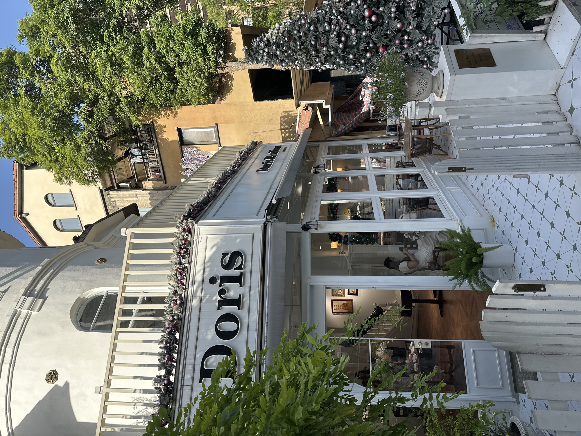 A rotated outdoor view shows a business with the name "Doris" displayed on a white sign. The building has white siding, a white awning, and windows with white frames. Floral garlands are draped across the top of the building. The building next door is painted yellow. A Christmas tree with silver and red ornaments is on the right side of the frame. Green bushes are growing in front of the Doris building. The location is Liangjiang, China.