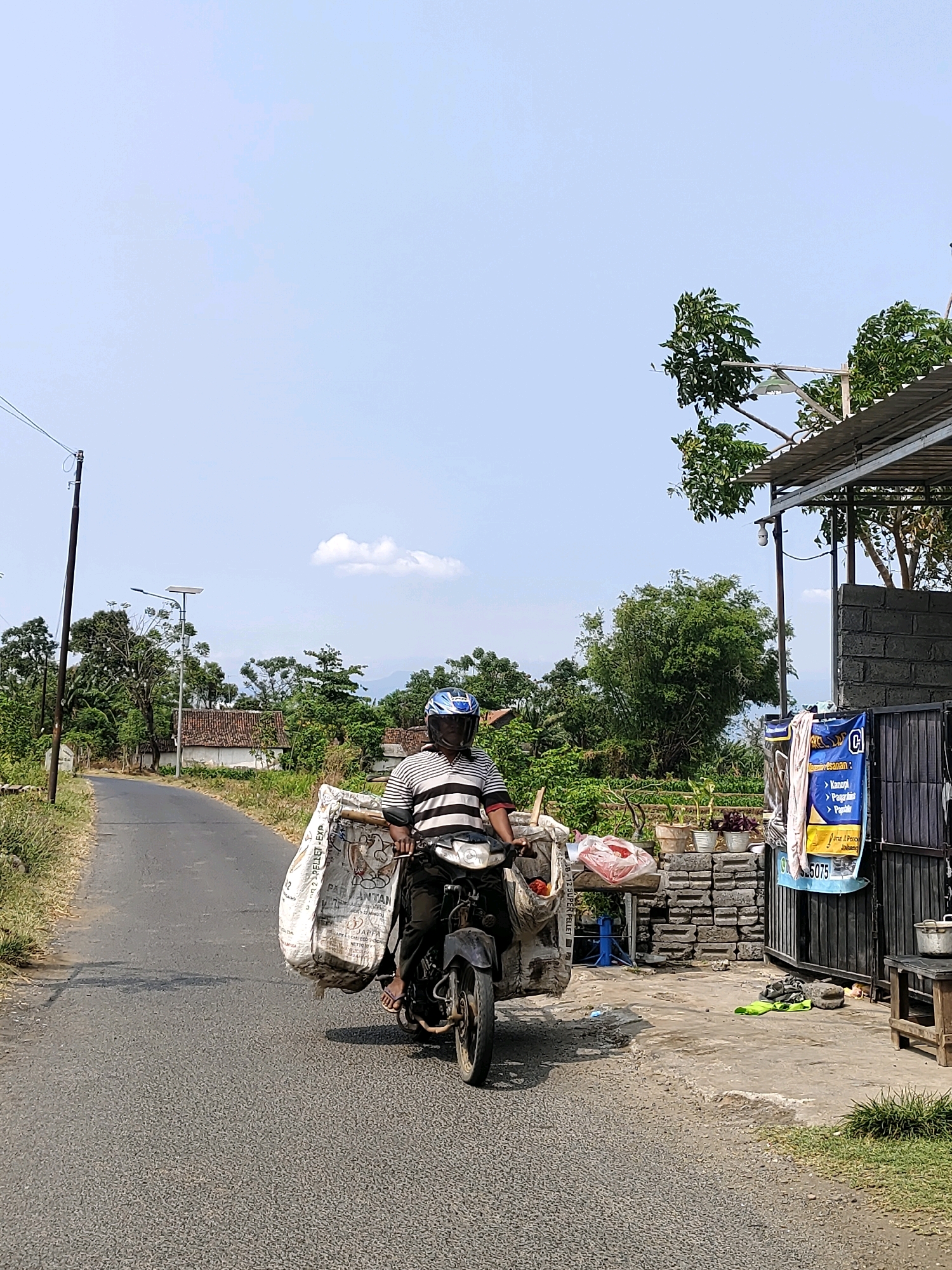 A man wearing a striped shirt and a blue helmet rides a motorcycle on a paved road in Probolinggo, Indonesia. He is carrying a large, white, wrapped bundle strapped to the back of his motorcycle. The bundle appears to be made of plastic or fabric and is filled with a material. To the right of the road, there is a building with a corrugated metal roof and a wall made of grey bricks. A blue and yellow banner hangs on the fence of the property. The surrounding environment is rural, with trees and vegetation visible in the background. The sky is clear and blue with a few scattered clouds. The road is lined with dry grass and dirt on the left side. The man is facing forward, and the motorcycle appears to be in motion.