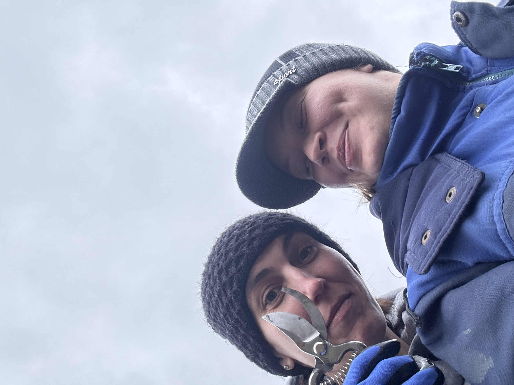 This image features a low-angle perspective of two individuals, likely women, looking down at the camera, set against a bright, uniformly overcast sky. The composition suggests a selfie taken from below.
In the immediate foreground, one person with dark hair, wearing a dark knitted beanie, holds a pair of silver pruning shears with blue handles. They are also wearing a blue glove on the hand holding the shears, and part of a blue work jacket is visible. Their expression is relatively neutral.
Positioned slightly above and behind the first individual is a second person with a slight smile. This person wears a grey cap or beanie with a brim, on which a silver pin or emblem spelling "sport" is clearly visible. They are dressed in a blue work jacket featuring visible snaps and a zipper.
The scene is outdoors on a cloudy day, indicated by the diffused light and lack of direct sunlight, with the sky serving as the sole background element. The presence of pruning shears and sturdy outdoor clothing suggests an activity related to gardening, farming, or other outdoor manual labor. The mood conveyed is practical and possibly tired but amiable. No other specific location cues are visible in the image itself, beyond the provided context that the location is Вассята, Russia.