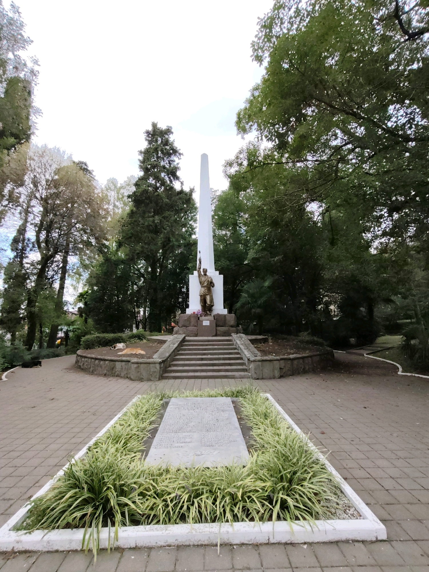 A memorial monument stands in a park setting, surrounded by lush green trees and foliage. The monument itself is a tall, white obelisk, with a bronze statue of a soldier at its base. The statue depicts the soldier raising a torch, symbolizing victory or enlightenment. In front of the monument, a paved walkway leads to a rectangular stone slab, likely an epitaph or memorial plaque, bordered by a bed of ornamental grass. The park features a winding path in the background, suggesting a serene and tranquil atmosphere. A few dogs are visible in the scene; one black dog lies on the paved path to the left, while two dogs, one light brown and one white with brown patches, are resting on the soil near the base of the monument. The overall setting appears to be well-maintained, indicating a public space dedicated to remembrance and reflection. This memorial is located in the city of Sochi, Russia, and is a significant historical landmark.