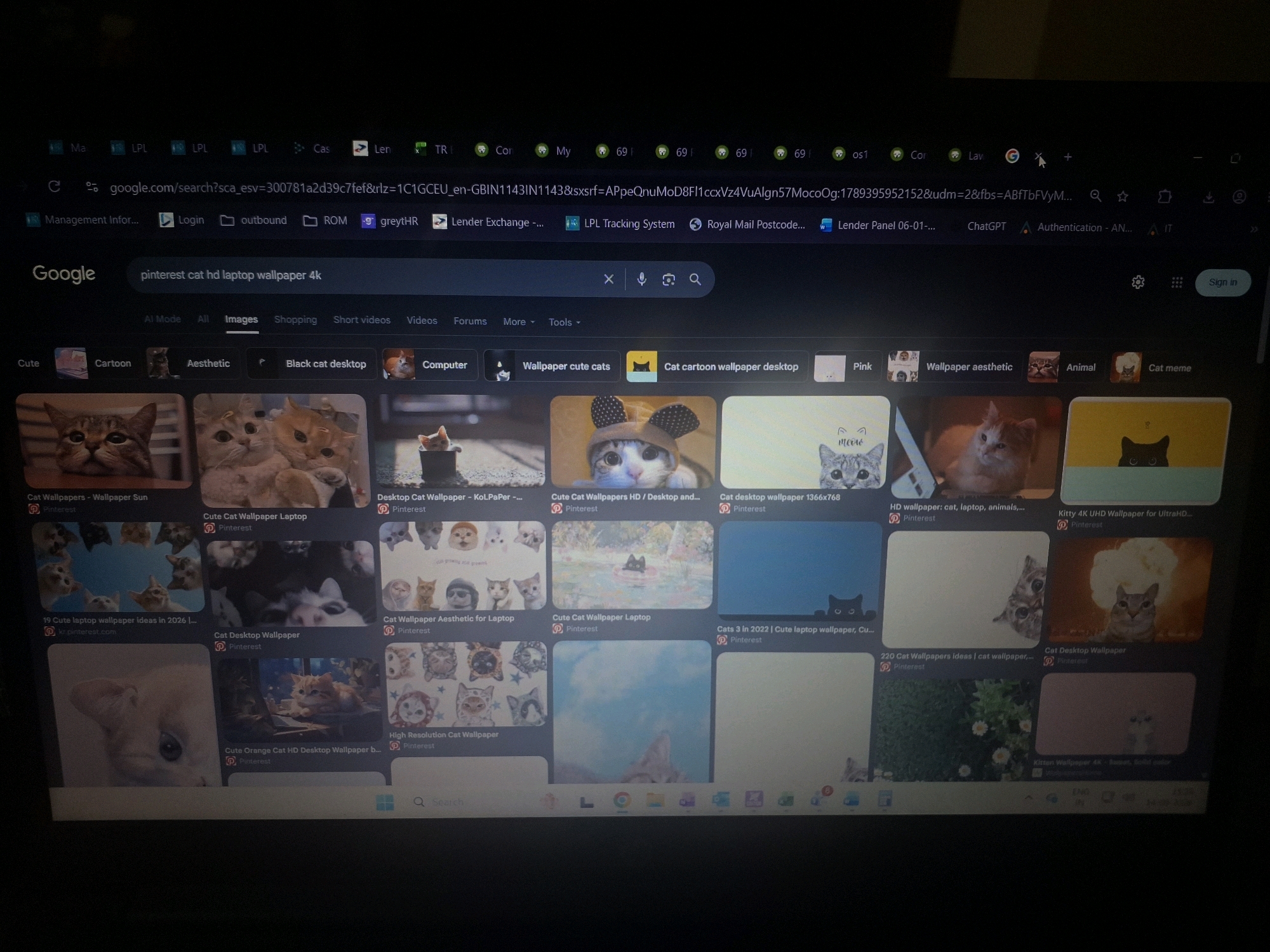 This media file shows a computer screen displaying a Google search results page for "pinterest cat hd laptop wallpaper 4k". The screen is dark, suggesting the ambient light is low, possibly indicating nighttime or a dimly lit room. The dominant content is a grid of cat-themed wallpaper images, presented as search results. The images feature various cats in cute and aesthetic poses, with some categorized as "wallpaper cute cats", "Cat cartoon wallpaper desktop", and "Cat meme".
Visible text includes the Google search bar with the query, navigation tabs like "All", "Images", "Shopping", "Short videos", and "Forums", and various image captions such as "Cute Cat Wallpaper Laptop", "Desktop Cat Wallpaper", and "High Resolution Cat Wallpaper". The search results also indicate they are sourced from Pinterest and other wallpaper sites. The bottom of the screen shows a Windows taskbar with icons for Google Chrome, a search bar, and other system functions. The location context of Yamunanagar, India, is not directly indicated by visual cues within the image itself, but rather provided as external information. There are no people visible in the image.