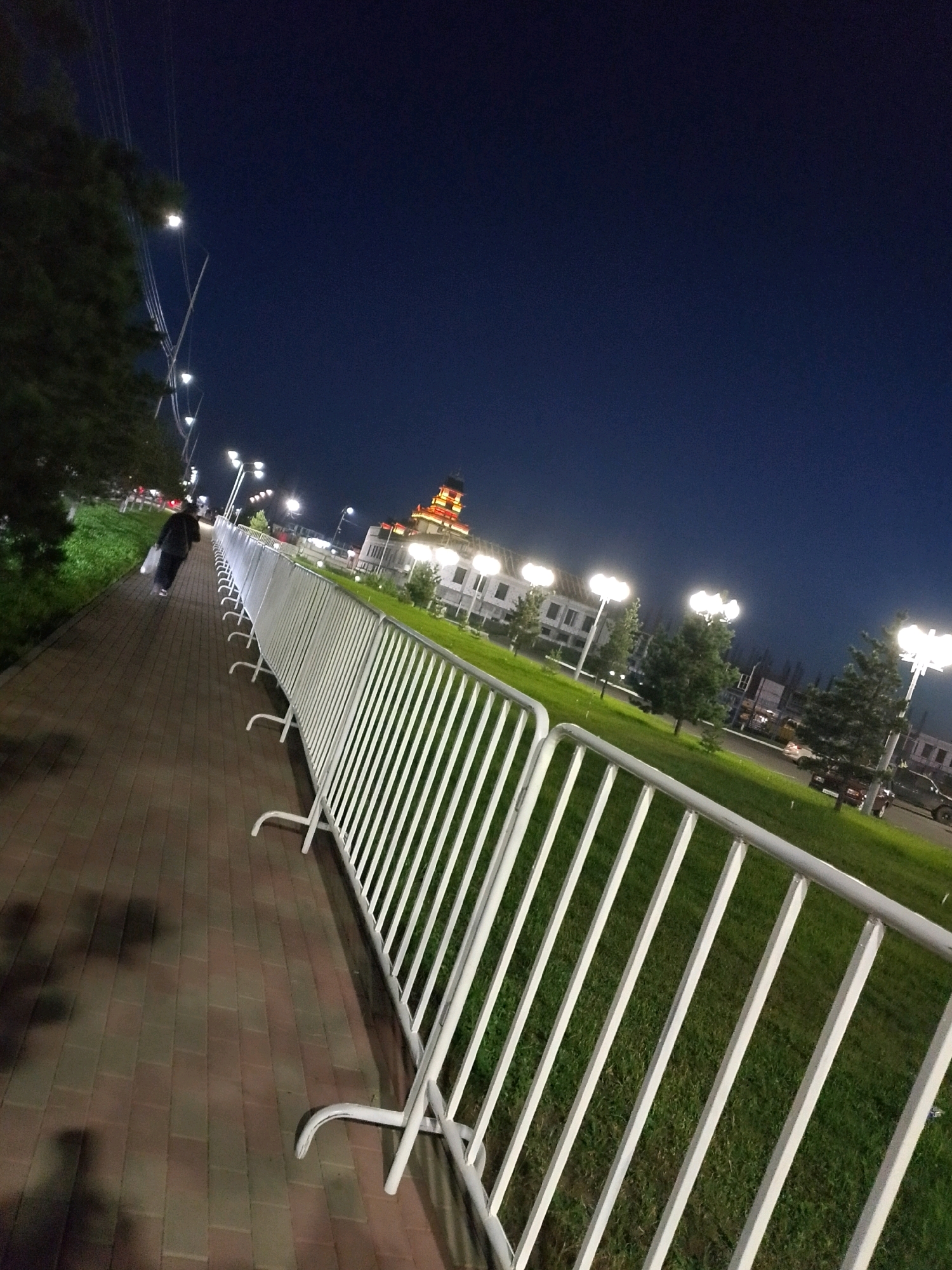 The image shows a night scene in the city of Kyzyl, Russia, likely a public space such as a park or promenade. A person is walking away from the camera on a brick-paved walkway. They are carrying a white plastic bag. The walkway is bordered by a low, white metal barricade. Beyond the barricade is a grassy area with trees and streetlights. In the background, there are buildings, one of which is illuminated and appears to be a public institution or historical site, possibly with a red-tiled roof and decorative elements. Several cars are parked in the distance. The sky is dark blue, indicating it is nighttime.