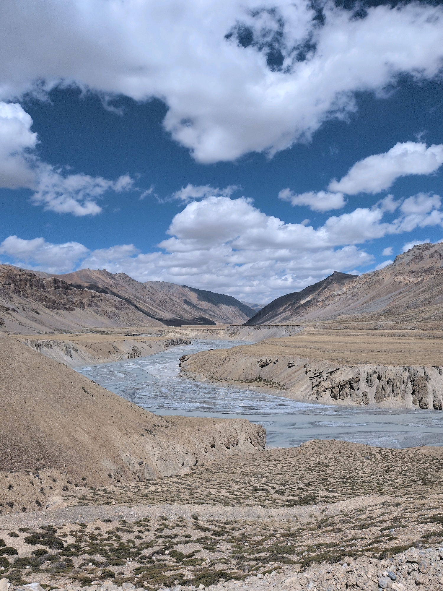 The image depicts a wide, arid valley with a meandering river flowing through it. The landscape is characterized by steep, eroded mountains on either side, composed of earthy tones of brown, tan, and grey. Sparse vegetation, appearing as dry grasses and low-lying bushes, dots the valley floor and the lower slopes of the mountains. The river appears shallow and wide, with a sandy or gravelly bed. The sky above is a vibrant blue, punctuated by scattered white cumulus clouds. The scene conveys a sense of vastness and natural ruggedness. There are no people or man-made structures visible in the image, suggesting a remote or undeveloped area. The specific location of Dhar Sajam, India is not visually discernible from the provided image.
