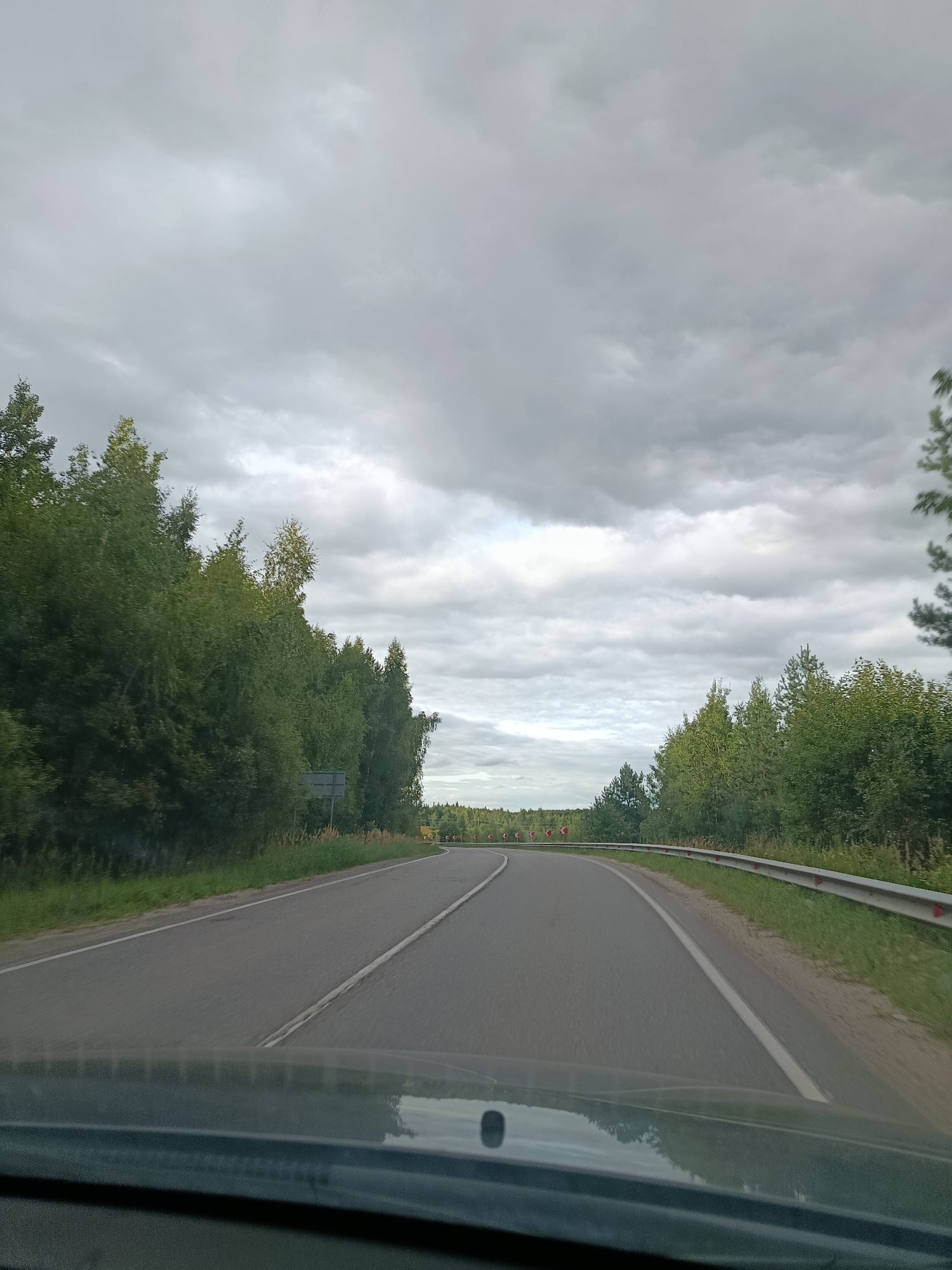 The image depicts a view from inside a vehicle driving on a two-lane asphalt road. The road curves to the right. On the left side of the road, dense green trees line the verge, some with sparse yellowing leaves. On the right side, the road is bordered by a silver metal guardrail with red reflectors. Beyond the guardrail, there is a grassy embankment and more trees. In the distance, the road continues to curve, with more trees visible. Red and white chevron signs indicating a sharp curve are present on the right side of the road. The sky is overcast with heavy, gray clouds. The overall scene appears to be a rural or semi-rural setting in Gribchikha, Russia.