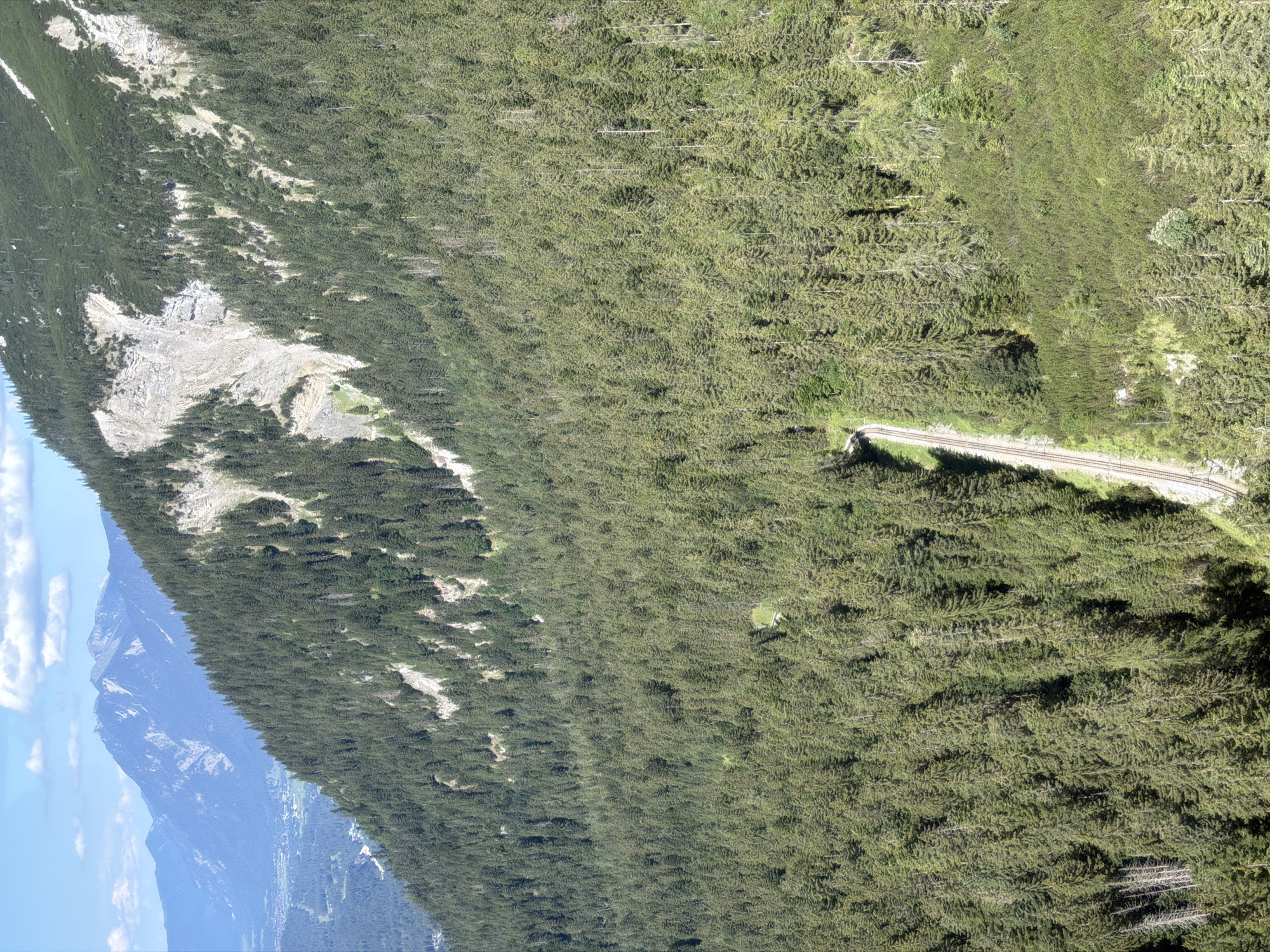 The media file shows a steep, tree-covered mountainside with a winding railway track cutting through the dense forest. The scene is dominated by various shades of green from the evergreen trees that blanket the slope. In the distance, a majestic, blue-hued mountain range is visible under a clear, bright sky with scattered white clouds.
The railway track, made of dark material and appearing well-maintained, curves into the forest, hinting at transportation through this rugged terrain. The mountainside exhibits patches of exposed rock, suggesting steep inclines and possibly areas prone to erosion. Sunlight casts shadows across the trees, indicating it is likely daytime, with the sun at an angle that creates a dynamic interplay of light and shade.
The vastness of the forest and the imposing mountain range suggest a remote, natural setting, likely a mountainous region. The clear sky and bright sunlight point to fair weather conditions. The image evokes a sense of natural beauty, remoteness, and the impressive scale of the landscape. No people or specific activities are clearly depicted, but the presence of the railway suggests human presence and infrastructure within this natural environment. The location context of Grainau, Germany, aligns with the visual cues of alpine scenery and coniferous forests.