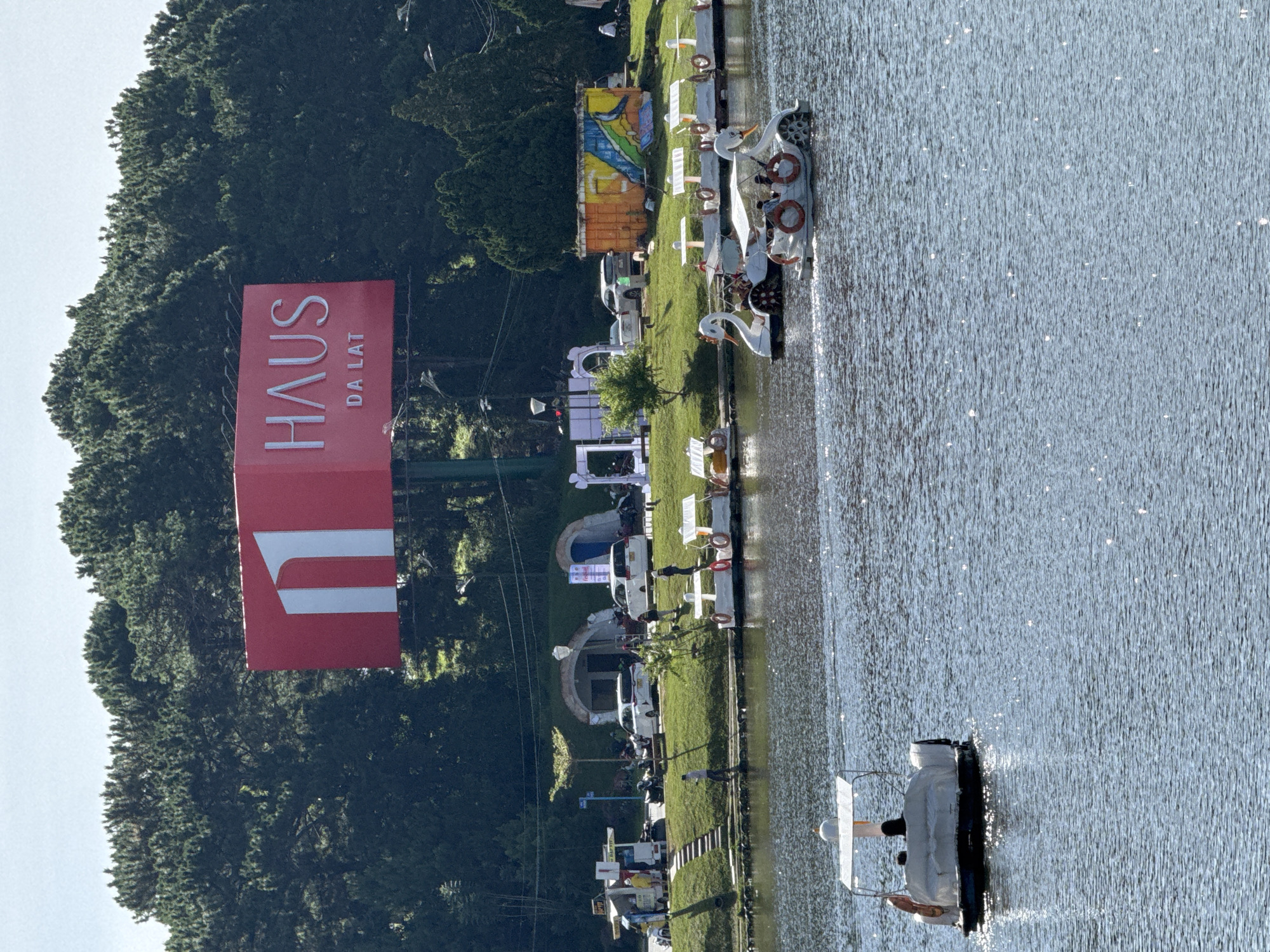 The image depicts a scenic view of Xuan Huong Lake in Da Lat, Vietnam. In the foreground, several pedal boats are navigating the water. One boat, designed like a white car with a canopy, carries two people. Behind it, two swan-shaped pedal boats are also in motion. The middle ground shows the lake's edge with a grassy embankment. Along the embankment, there are various stalls and structures, including food carts and white archway-like decorations. Several white cars are parked on the grassy area. In the background, a large billboard with red and white lettering reading "HAUS DA LAT" is prominently displayed against a backdrop of lush green pine trees covering a hillside. The sky is clear and blue. The overall impression is of a leisurely tourist area on a sunny day.