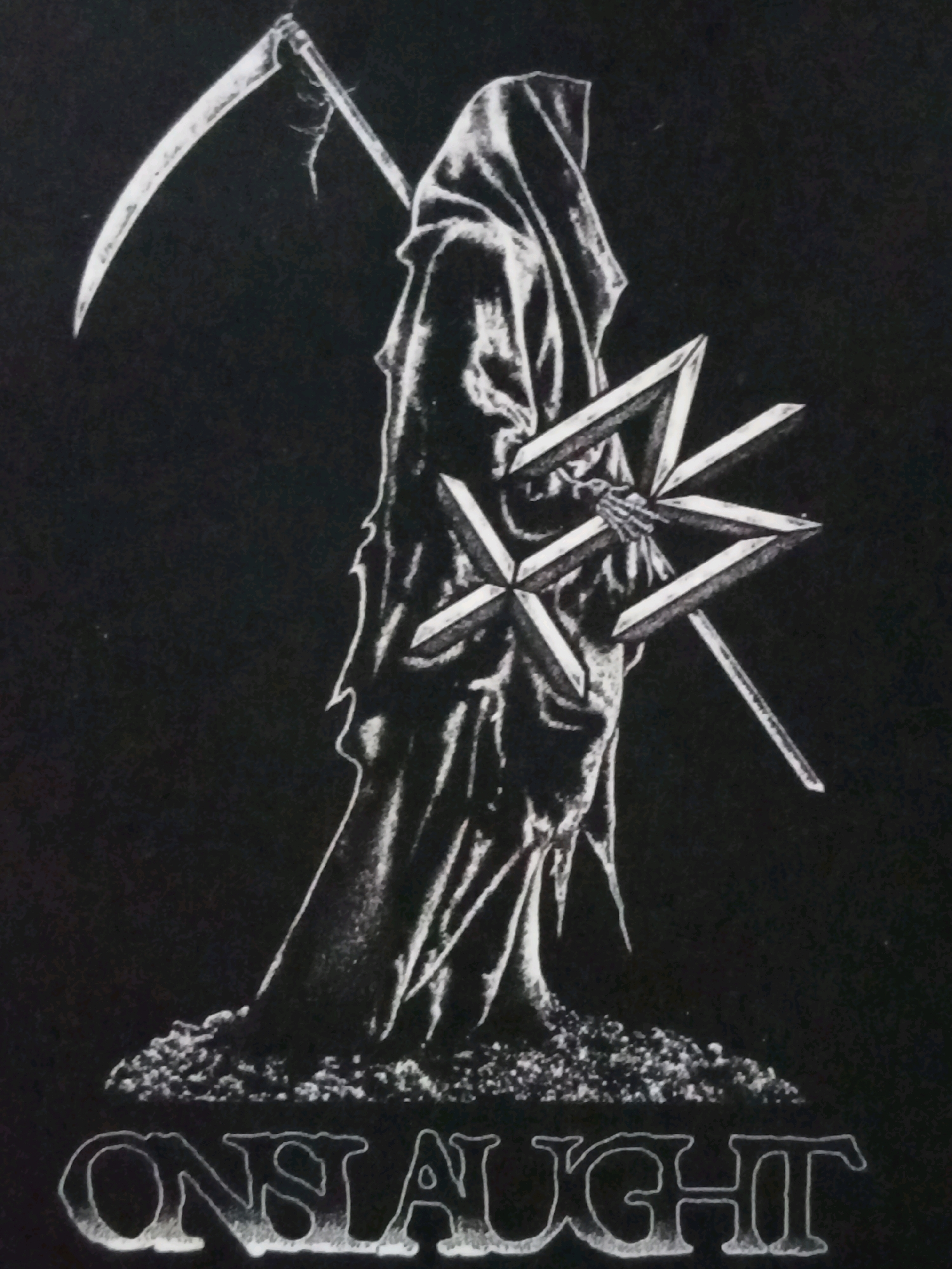 The image is a black and white illustration of a figure cloaked in a hooded robe, resembling the Grim Reaper. The figure holds a scythe in its left hand, positioned above its head and to the left. In its right hand, it clutches a star-shaped object composed of several interlocking triangular elements. The figure stands on a mound of what appears to be rubble or uneven ground. Below the figure, the word "ONSLOUGHT" is written in a stylized, outlined font. The background is entirely black. There is no discernible urban environment, city location, or specific Indonesian context within the image itself.