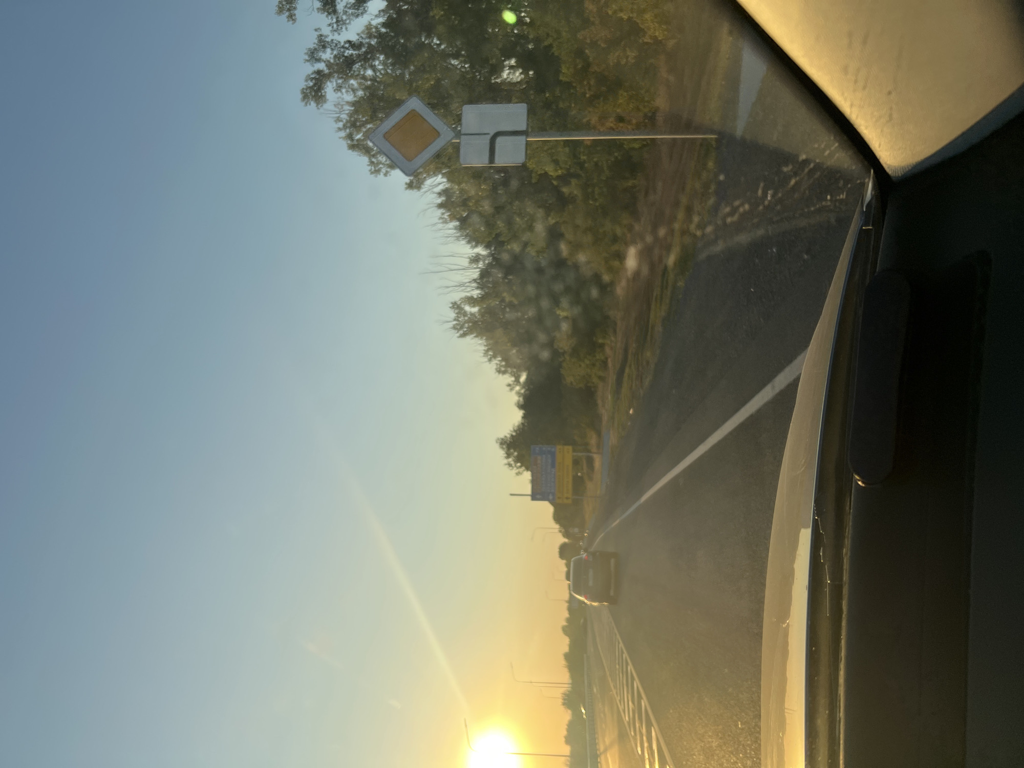 This image depicts a view from inside a vehicle traveling on a highway at sunset. The sun is low on the horizon, casting a warm, golden light across the scene. The sky is a clear, pale blue, with a soft gradient towards yellow near the sun. A highway stretches into the distance, with a single lane visible ahead occupied by a dark-colored car. The road is bordered by a grassy shoulder and a dense line of trees on the right.
On the right side of the road, two traffic signs are mounted on a single pole. The upper sign is a yellow diamond with a white border, indicating a priority road. The lower sign is white with black markings, showing a right turn with a priority line.
The foreground of the image shows the dashboard and windshield of the vehicle. The windshield has some smudges or water spots that are illuminated by the sunlight. The overall environment suggests a rural or semi-rural setting outside of a city. There is no direct evidence to place this scene specifically in the city of Tretii Reshaiushchii, Russia, as there are no identifying landmarks or signs in Russian language that confirm this location.