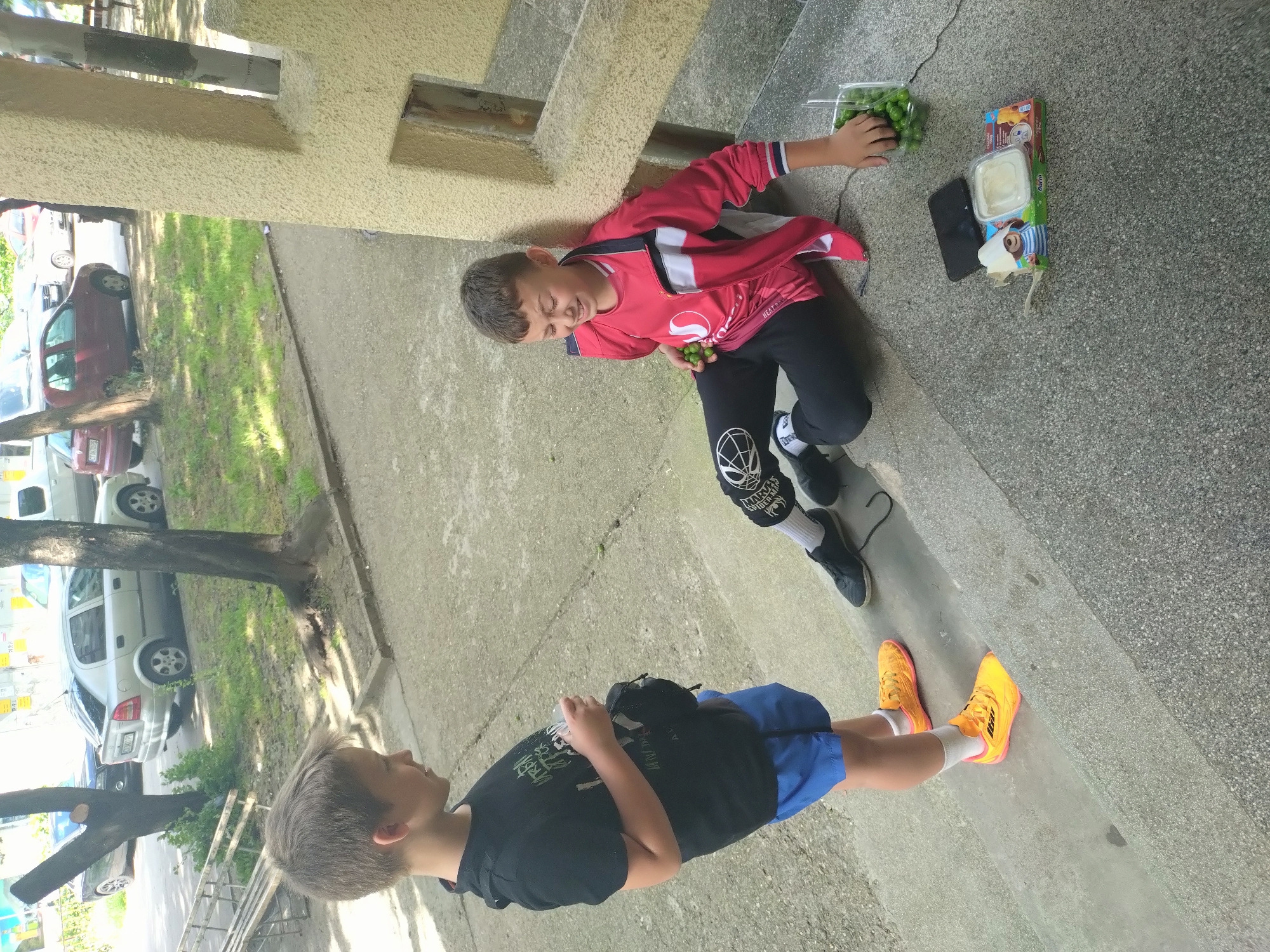 Two boys are depicted outdoors, with one lying on a concrete step, appearing to be eating green plums. He is wearing a red jacket, black pants, and black shoes. Beside him on the step are a plastic container of plums, a cell phone, a packaged bar, and a container with a white substance. The second boy stands on a lower step, wearing a black t-shirt, blue shorts, and bright orange shoes. A partial view of parked cars, trees, and buildings is visible in the background. The location is identified as the city of Stara Zagora, Bulgaria.