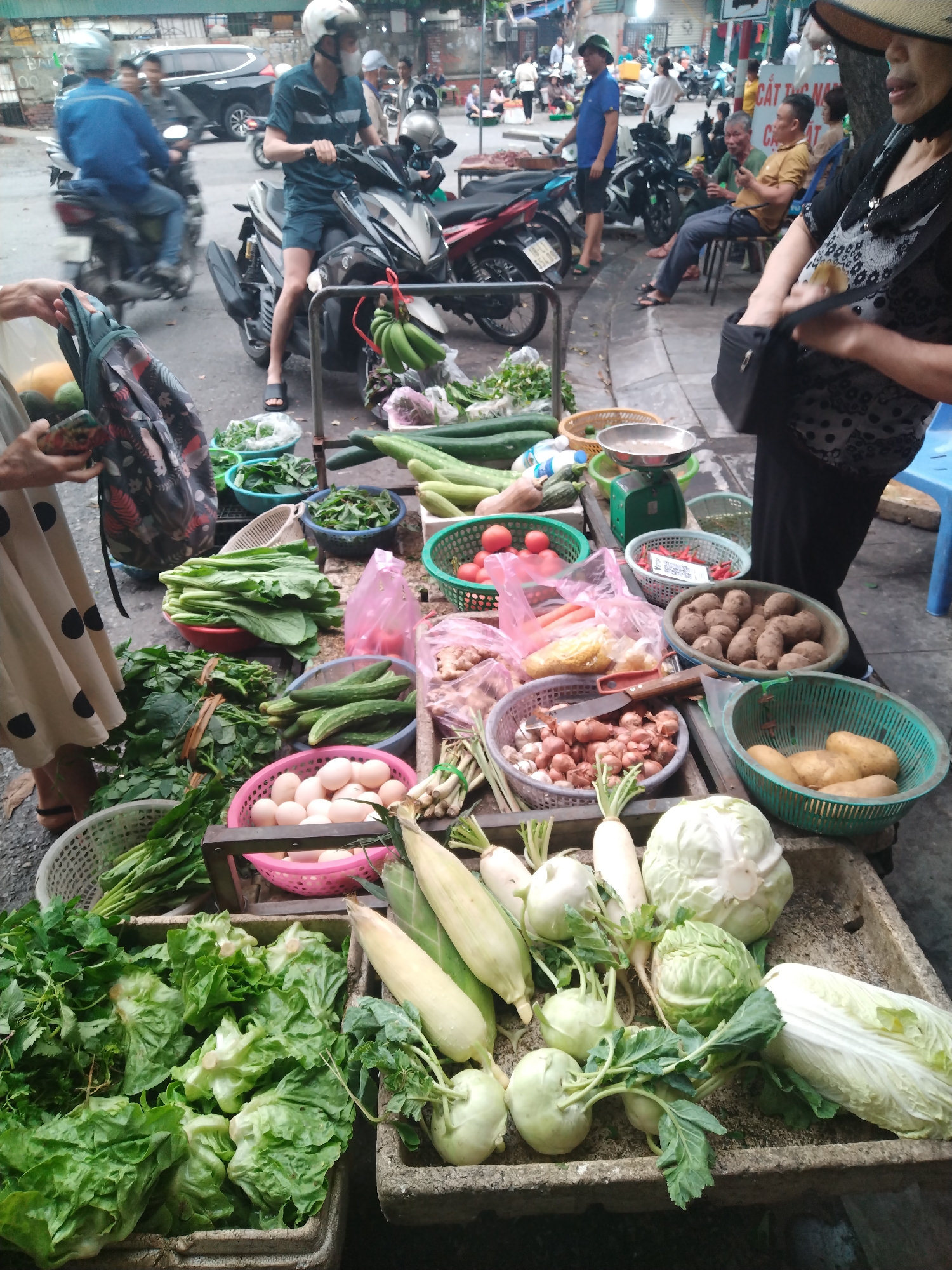 This vibrant media file captures a bustling street market scene in Bai Chay Ward, Vietnam, likely during the day given the natural light. The foreground is dominated by a street vendor's stall, overflowing with a diverse array of fresh produce displayed in baskets and concrete trays.
Among the visible vegetables are large quantities of leafy greens (lettuce, spinach-like varieties), cucumbers, tomatoes, carrots, potatoes (both red-skinned and yellow-skinned), kohlrabi, white radishes, small cabbages, corn, ginger, shallots, and lemongrass. A pink basket holds numerous eggs. A green weighing scale sits on the stall, ready for transactions. On the left, a person in a polka-dot dress holds a reusable shopping bag, interacting with the stall. On the right, an older woman wearing a straw hat and a patterned top is partially visible, holding a black shoulder bag.
The background reveals a lively street scene characteristic of Vietnam. Numerous motorbikes, some moving and some parked, fill the street. A black SUV is also visible. People are seen riding motorbikes, walking, or sitting at the side of the road, engaging in daily activities. One man in a white helmet and dark clothing sits astride a motorbike next to the stall. Further back, another man in a blue shirt stands by parked motorbikes, while others are seated at a low table.
Notable details include the varied textures and colors of the produce, from the bright green of the leafy vegetables to the earthy tones of the potatoes and eggs. A partially visible street sign in the background displays Vietnamese text, including "CẤT NÀNG," "CÁT," and "AT." A motorbike license plate "18-F1 355.88" is also discernible. The overall atmosphere suggests a busy, everyday marketplace with a continuous flow of commerce and commuters.