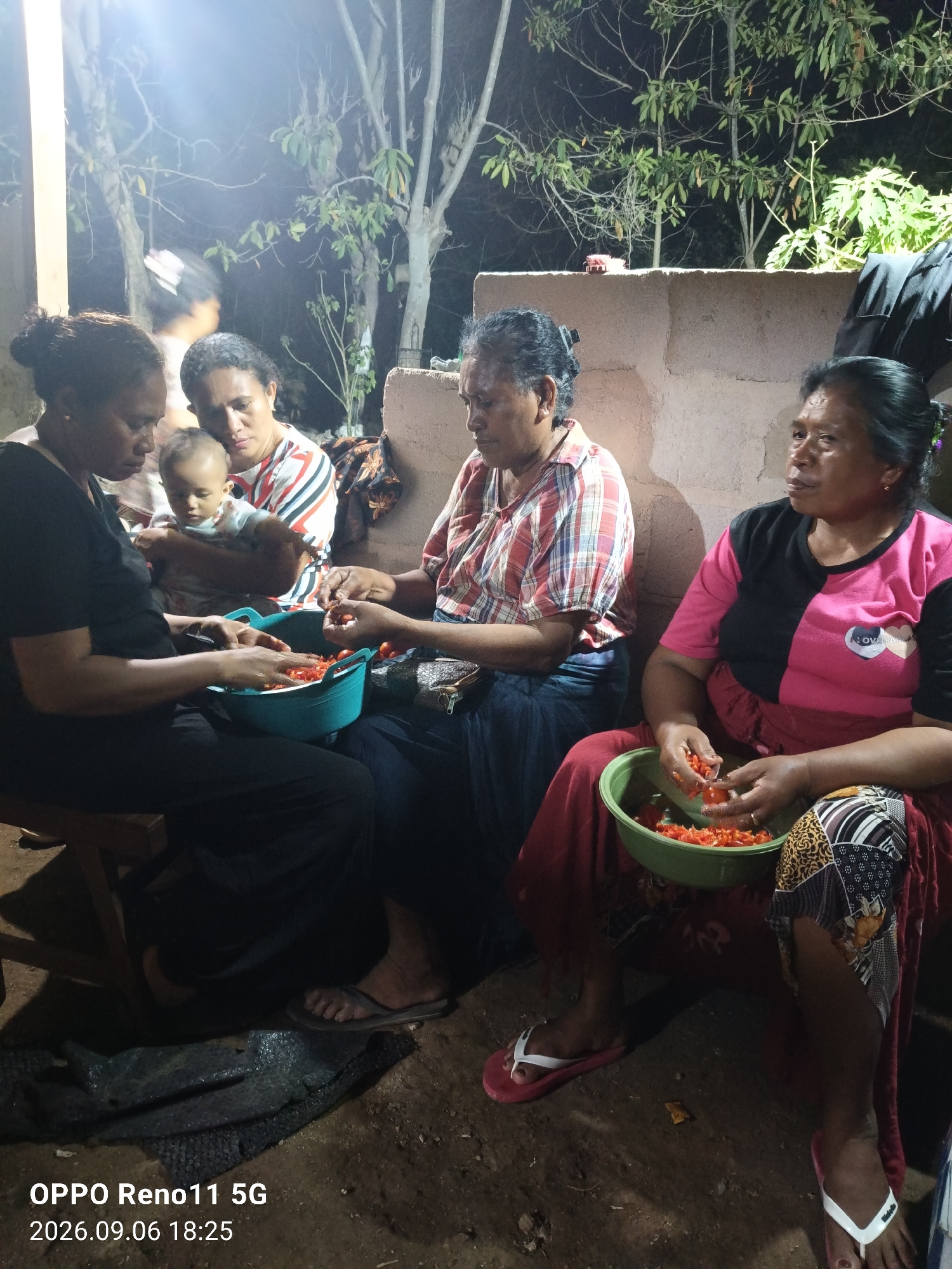 The image depicts a group of four individuals, three adult females and one infant, gathered outdoors in what appears to be a semi-rural setting at night. The lighting suggests artificial illumination, possibly from a nearby lamp or overhead light. The background shows trees and a rough, unfinished wall structure.
The primary action involves two of the women preparing food, specifically chopping red vegetables, likely tomatoes or chilies, into a large teal-colored bowl. One woman, on the far left, wears a black t-shirt and dark pants, and is seated on a wooden stool. She is actively engaged in cutting the vegetables. Beside her, a second woman, wearing a red, white, and blue striped t-shirt, holds a baby on her lap. The baby, dressed in a patterned onesie, looks down at the vegetables.
To the right of this group, another woman, dressed in a red and white checkered shirt and dark skirt, is also involved in preparing the vegetables, holding pieces in her hands over the teal bowl. Her right hand is visible, with fingers gripping the red items. Further to the right, a fourth woman, wearing a pink and black t-shirt and a patterned skirt, is seated. She holds a portion of the chopped red vegetables in her hands, preparing to add them to a green bowl placed in her lap. Her posture suggests she is also contributing to the food preparation.
The ground is uneven and appears to be dirt or gravel. Several pairs of flip-flops are visible on the feet of the individuals. A dark, crinkled material is on the ground in the lower left quadrant of the image. The timestamp overlay indicates "OPPO Reno11 5G 2026.09.06 18:25". The location is specified as Otan, Indonesia.