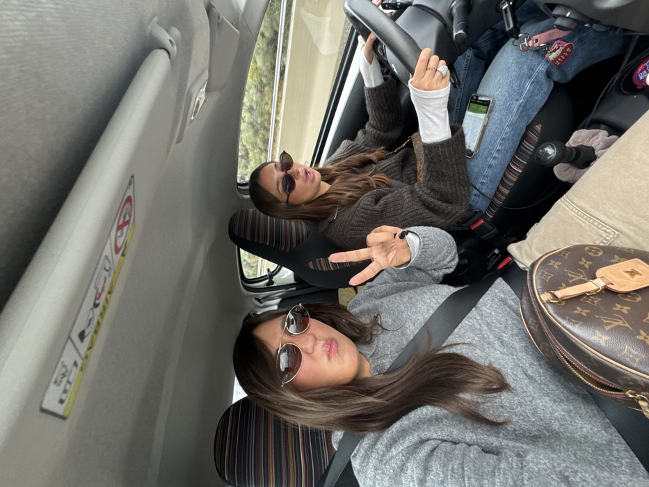Two females are depicted inside a vehicle in motion, located in Le Cannet-des-Maures, France. The passenger, seated on the left, has long dark hair, wears reflective aviator-style sunglasses, a grey long-sleeved sweater, and a fastened seatbelt. She is shown with a puckered mouth expression and displays a V-sign (peace sign) with her right hand. A brown Louis Vuitton monogram canvas bag rests on her lap, partially obscuring beige trousers. The driver, positioned on the right, also has long dark hair, wears dark oval sunglasses, a dark brown knit sweater over white long sleeves, and blue jeans, with a fastened seatbelt. Her hands are on the steering wheel, and her mouth is open, suggesting speech or singing. A mobile phone lies on her lap. The car's interior features vertically striped seat upholstery and a manual gear shift lever between the front seats. The external environment, visible through the windshield, is blurred, showing a road alongside a green, tree-lined embankment. An airbag warning sticker is affixed to the headliner above the passenger side.
