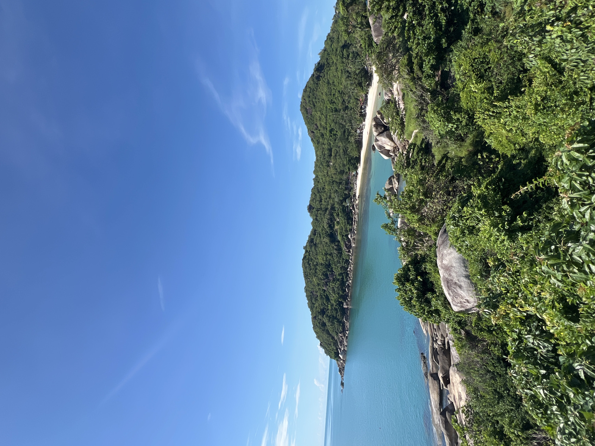The image captures a panoramic view of a tropical coastline, likely in Baan Chaweng Noi, Thailand. A lush, green, mountainous island dominates the right half of the frame, its slopes covered in dense vegetation. A crescent-shaped, white sand beach is nestled at the base of the island, bordering a calm, turquoise sea. Large, weathered rocks are scattered along the shoreline and interspersed with the greenery in the foreground. The sky above is a vibrant, clear blue with a few wispy white clouds. The foreground is filled with various shades of green foliage, with some larger rocks partially visible beneath the dense undergrowth. The scene depicts a serene and natural coastal landscape.