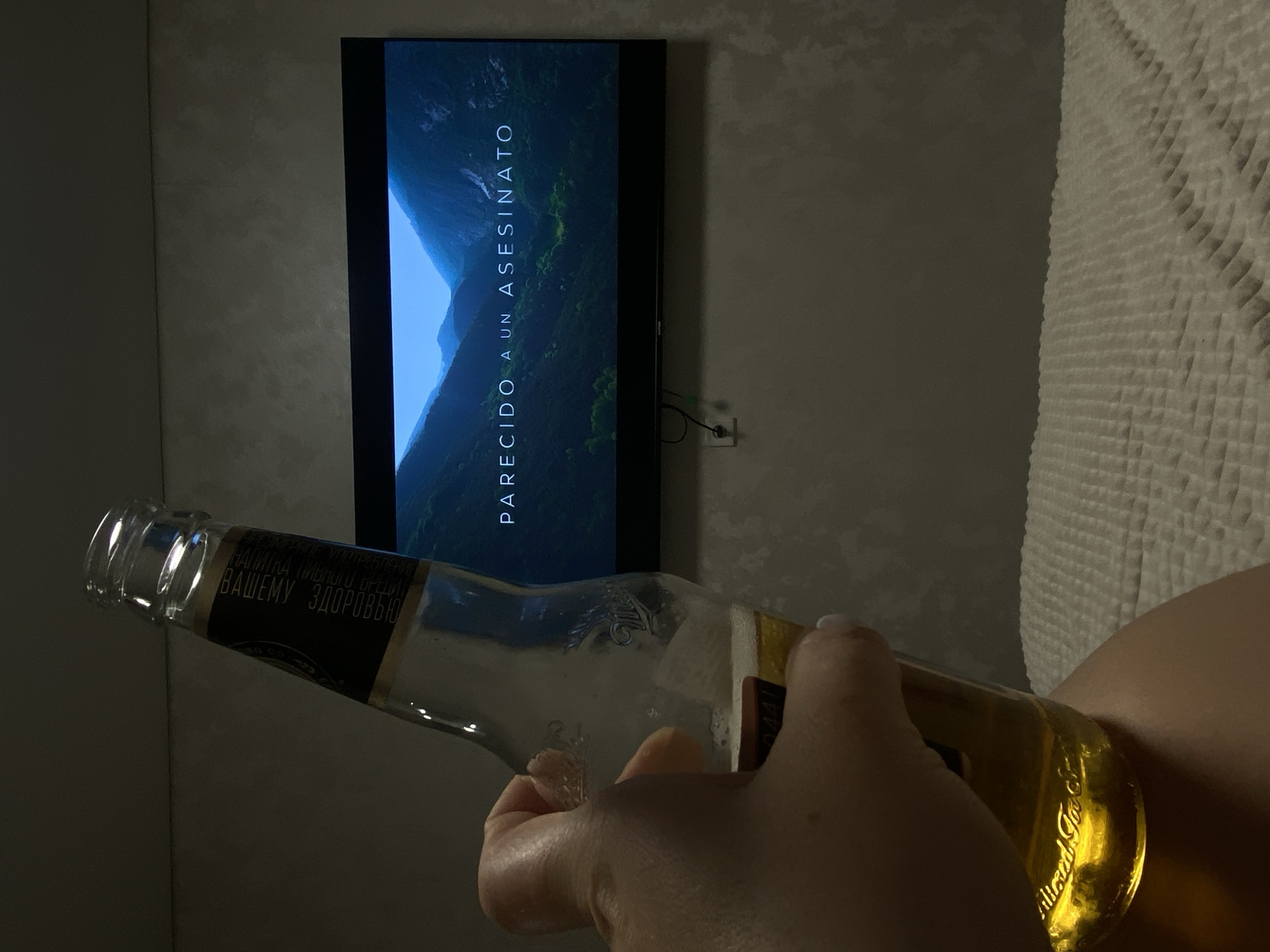 The image shows a person holding a partially empty bottle of beer in front of a television. The television screen displays a scene with mountains and the Spanish text "PARECIDO A UN ASESINATO." The bottle's label contains text in Russian. The background includes a textured wall and a portion of a white object, possibly a blanket or bed. The city of Sochi, Russia, cannot be determined from this image.