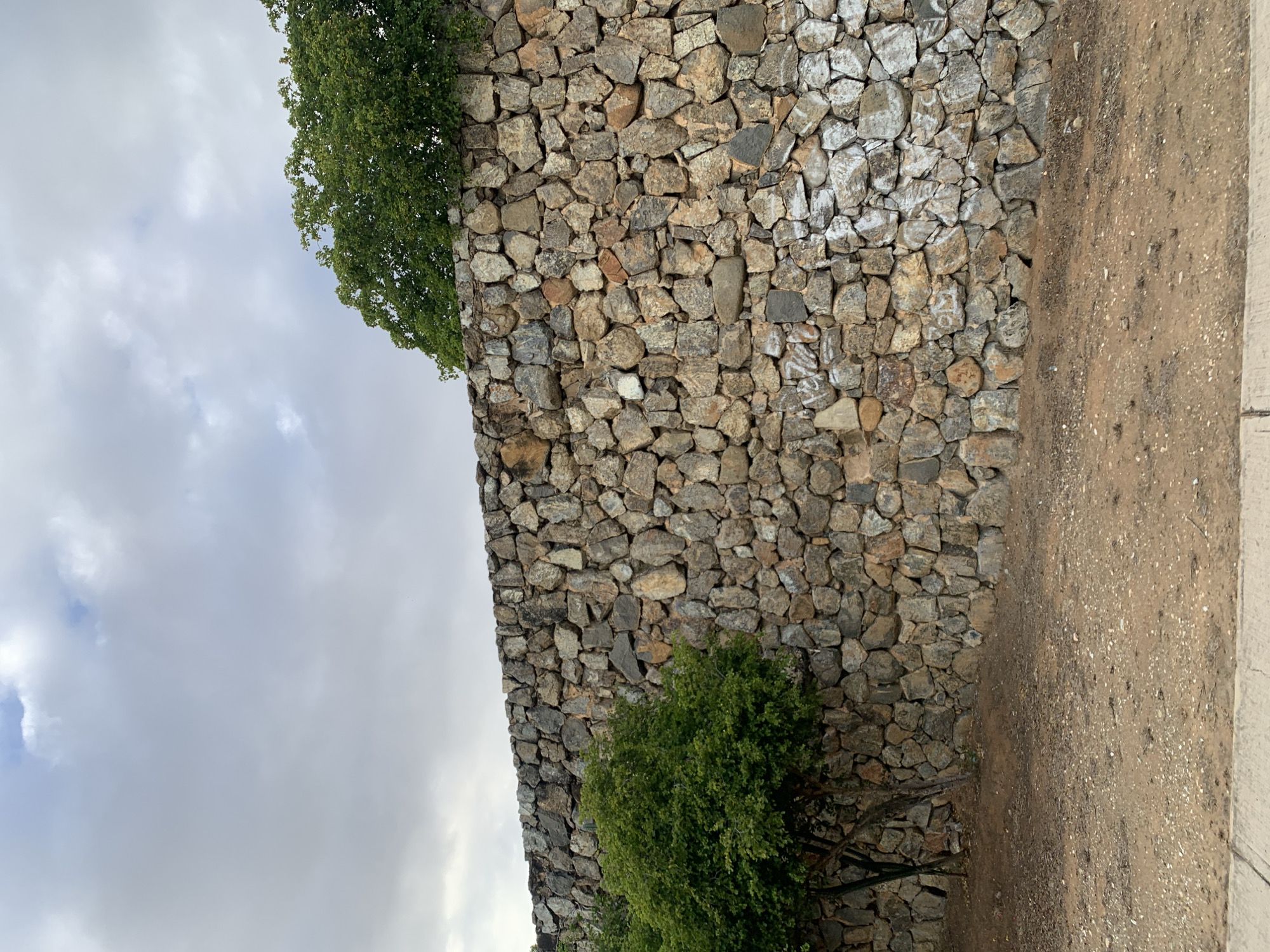 An eye-level outdoor shot captures a section of a robust dry-laid stone wall under a partly cloudy sky. The wall is constructed from irregular, varied-sized stones in natural shades of brown, grey, and some reddish hues, stretching horizontally across the middle of the frame. On the upper right portion of the wall, there are distinct white markings, appearing to be graffiti or casual paint splashes, with some indistinct letters or symbols visible.
Lush green foliage from trees or large bushes frames the top left edge of the wall, while a smaller, densely leafed green bush grows near the base of the wall on the lower left. To the right of the stone wall, a light brown dirt path, scattered with small pebbles and dust, runs parallel to its length. A narrow, lighter-colored paved strip, possibly concrete, borders the far right edge of the dirt path.
The sky above is a mix of soft grey clouds and brighter patches, indicating an overcast or partly cloudy daytime scene with diffused lighting. The scene is static, with no visible human activity or events taking place. The overall impression is one of a serene, natural or semi-natural outdoor environment, typical of areas in Porlamar, Venezuela, as indicated by the location context. No specific emotions are conveyed, and the visible text on the wall is too indistinct to be fully deciphered.
