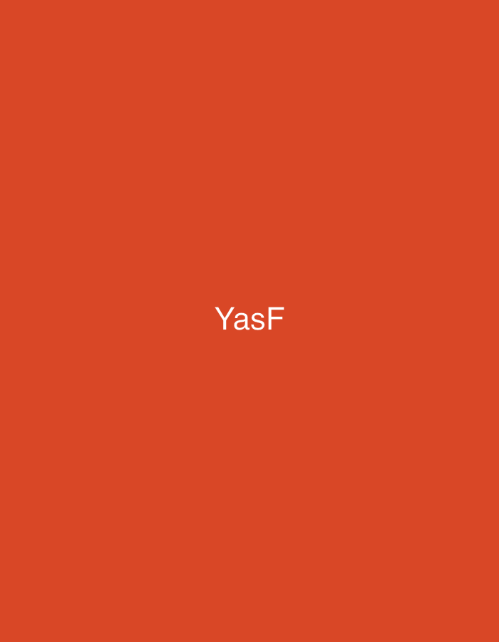 The image displays a solid, uniform orange-red background devoid of any discernible features, patterns, or gradients. Centrally positioned against this background is the text "YasF", rendered in white, sans-serif capital letters. There are no people, other subjects, objects, actions, or interactions depicted within the frame. The environment is entirely abstract, consisting solely of the colored field and the white text. While the image itself contains no contextual elements to indicate a physical location, it is understood to be situated in the city of Casablanca, Morocco.