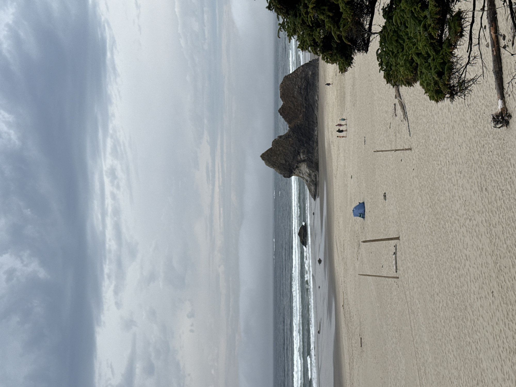 The image depicts a serene beach scene in Arch Cape, United States, under a cloudy sky. The vast expanse of sand stretches towards the ocean, where waves gently roll in. In the mid-ground, a prominent rock formation stands majestically in the water, its rugged silhouette a striking contrast against the muted tones of the sea and sky. Several people can be seen strolling along the shoreline, their figures small against the grand natural landscape. A blue tent is pitched on the sand, suggesting a leisurely day spent by the coast. To the right, the lush green foliage of coastal trees frames the scene, adding a touch of vibrant color to the otherwise subdued palette. The overall atmosphere is one of tranquility and natural beauty.