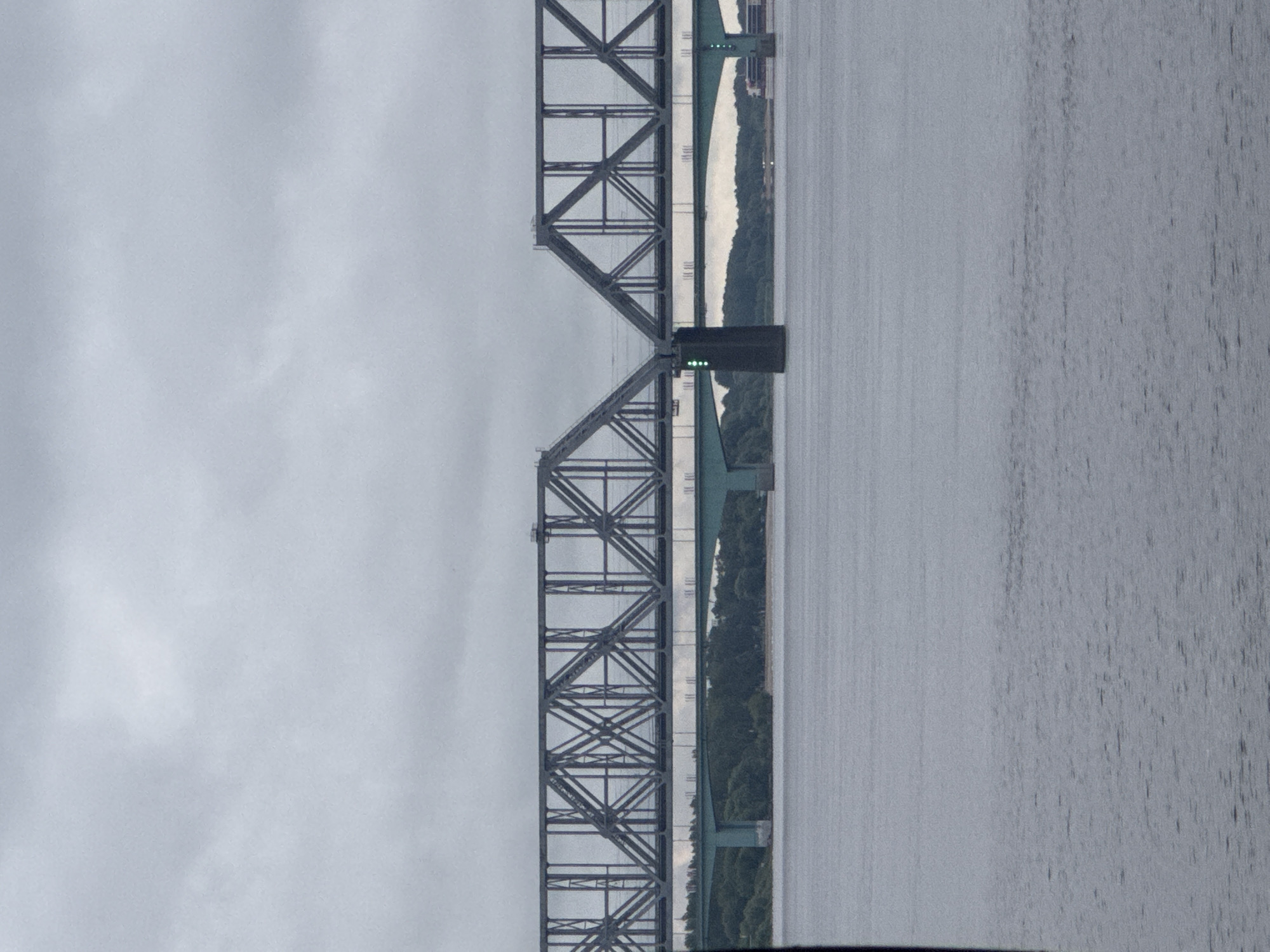 This is a medium-shot photograph of a large truss railway bridge spanning a wide body of water. The bridge is constructed of dark gray metal with a complex geometric pattern of supports. It appears to be a double-decker bridge, with a lower, green-colored roadway or pedestrian bridge visible beneath the railway bridge. On the far side of the water, a densely wooded area forms the background, suggesting a rural or semi-rural setting. The sky is overcast with heavy, gray clouds, casting a subdued light on the scene. The water in the foreground is calm and reflects the muted tones of the sky and surrounding environment. There are no people or vehicles visible in the immediate scene, but the presence of lights on the bridge supports and distant structures on the far bank indicates some level of human activity. The image is devoid of any specific indicators that would place it in Шебунино, Russia.