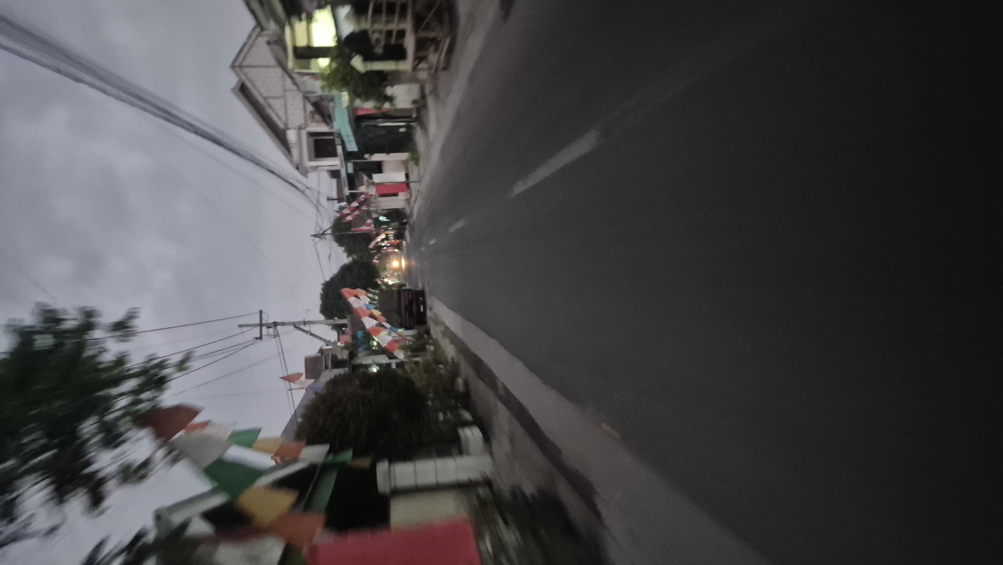 The image depicts a street scene in Bojonegoro, Indonesia, likely captured during dusk or an overcast day. The road occupies the foreground, with a white line marking the center. On either side of the road, there are houses and buildings, many decorated with Indonesian flags or pennants, suggesting a festive or patriotic occasion. Trees are visible along the roadside, some with blurred foliage due to motion. Overhead, power lines are strung between poles, a common sight in urban environments. In the distance, a truck is partially visible, its headlights illuminated, and another vehicle's lights can be seen further down the road. The overall atmosphere is that of a quiet street, potentially in a residential area, with signs of local celebration or commemoration.