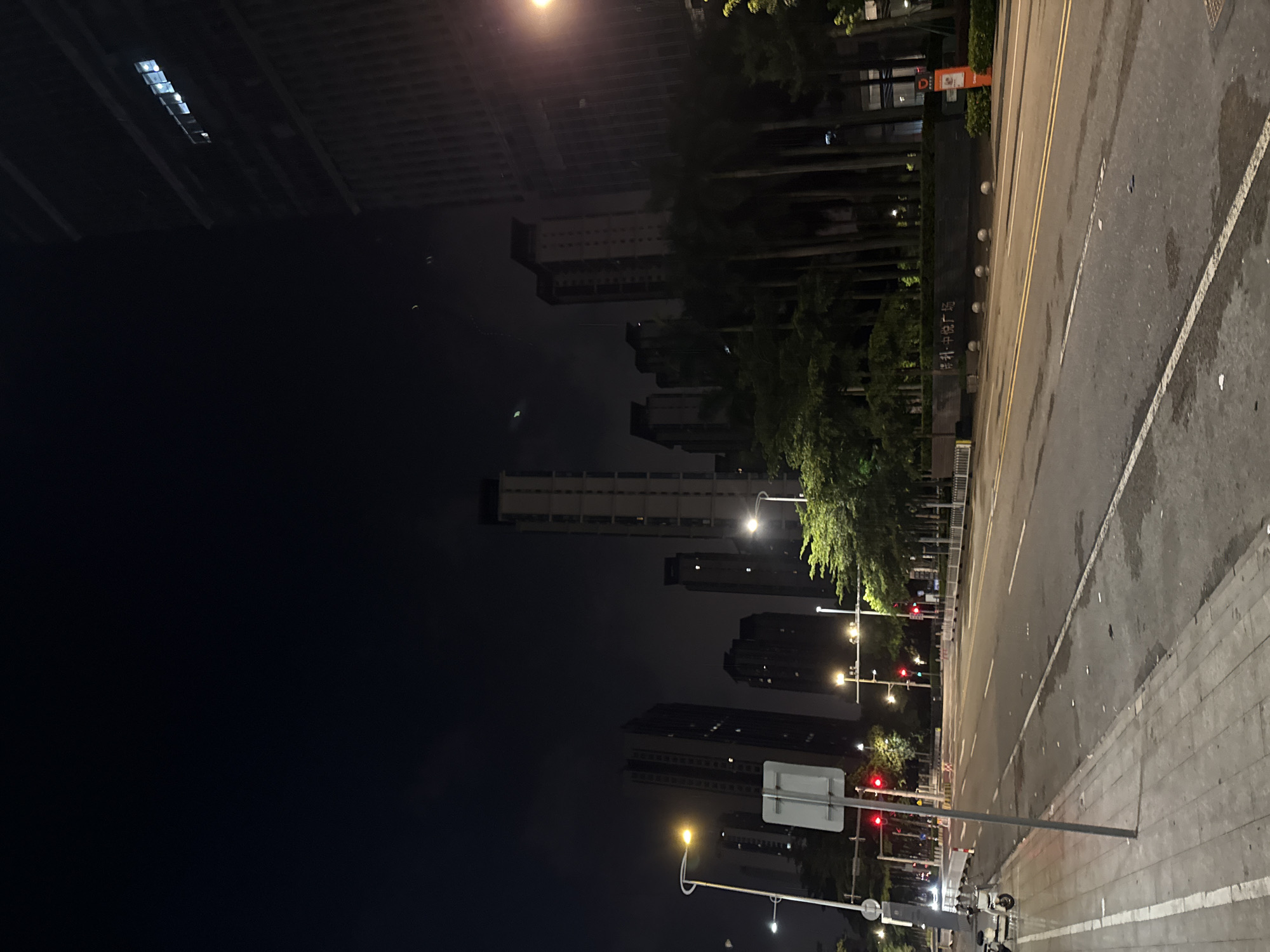 The image depicts a nighttime street scene in Haizhu District, China, with tall buildings and lush trees lining a wet asphalt road. The time of day is clearly nighttime, indicated by the dark sky and artificial lighting. The road appears damp, suggesting recent rain or high humidity.
Prominent subjects include several multi-story buildings, characterized by their illuminated windows and modern architecture. Trees, some with dense foliage, are interspersed between the buildings and along the roadside, adding a touch of nature to the urban environment. A paved sidewalk with white markings runs alongside the road, and streetlights illuminate the path. Traffic lights, some displaying red signals, are visible at an intersection.
Several objects are present: streetlights, traffic signals, a street sign with red and white elements, and a few vehicles, including what appears to be a scooter or motorcycle parked on the sidewalk. The scene is devoid of any visible people.
Notable details include the reflections on the wet road surface, which add depth and texture to the image. The lighting from the buildings and streetlights creates a somewhat moody atmosphere, typical of a city at night. The presence of numerous tall buildings suggests a densely populated urban area.
There is some visible text on an orange sign, but it is too blurry to read. Additionally, there appears to be some text on a dark wall in the middle distance that is also illegible. The overall impression is of a quiet urban night, likely after a rainfall.