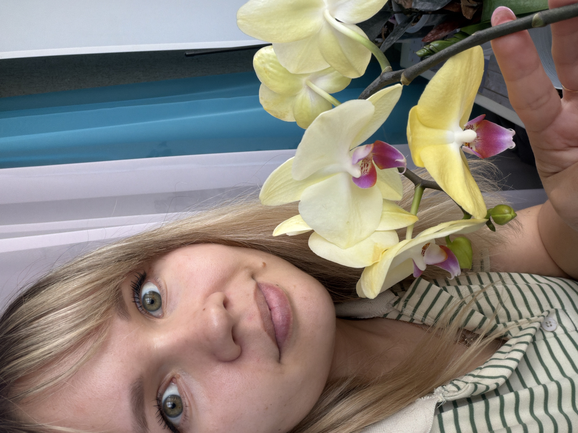 A young woman is captured in a close-up, upward-angled shot, posing with a branch of light yellow orchids. Her blonde hair frames her face, and her wide, direct hazel eyes gaze intently at the camera. Her lips are slightly parted, conveying a subtle, relaxed expression. She appears to be lying down or positioned beneath the camera, creating a unique perspective.
Her hand, visible on the right, gently supports a stem of the orchids, bringing the flowers into clear view. The orchids are characterized by their soft yellow petals and intricate purple, pink, and white centers. Multiple blooms are present, some in full blossom, alongside a green bud.
The woman is dressed in a collared shirt featuring vertical stripes of green and off-white, with a white button visible near her collarbone. The background consists of diffused indoor elements, including horizontal bands of white and light blue, suggesting a room environment, possibly near a window. The scene is brightly and evenly lit, consistent with daytime. There is no visible text within the image. The photograph evokes a sense of calm and intimacy, highlighting both the woman's engaging presence and the delicate beauty of the flowers.