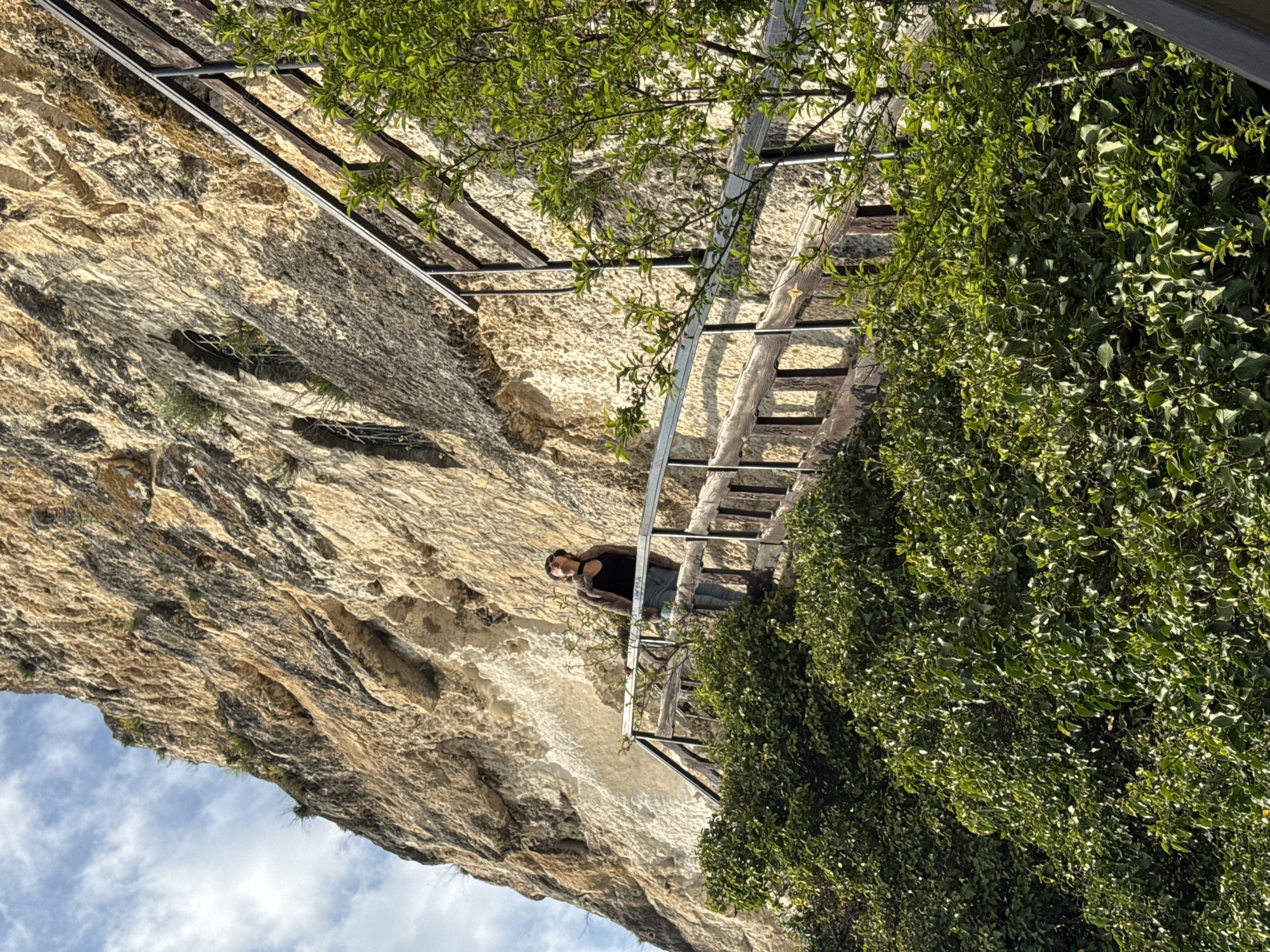 An eye-level, outdoor photograph captures a person standing on a walkway built into a large, natural rock face, likely at the Basarbovo Monastery in Bulgaria.
In the mid-ground, a person with dark hair, wearing a black top, dark pants, and sunglasses, stands on a wooden platform with metal railings. They are positioned facing slightly left, looking out over the landscape, with their right arm resting on the railing. The walkway is secured against the cliff, featuring sturdy wooden planks and a silver metal handrail.
The dominant feature of the background is the impressive, textured rock face, displaying varying shades of light brown, grey, and ochre, with clear striations and rugged contours. Patches of lighter, almost white, deposits are visible on the lower sections of the rock, suggesting mineral flow. Below the rock face and to the left, a bright blue sky with scattered white clouds indicates clear weather.
The right side and foreground of the image are filled with lush green foliage. Dense ivy and other leafy plants grow abundantly along the rock and alongside the walkway, creating a vibrant contrast with the stone. Brighter green branches from a tree extend into the upper right corner, casting gentle shadows.
The scene depicts a peaceful moment of observation or exploration of a unique, cliff-side location during bright daylight. No visible text is present in the image.