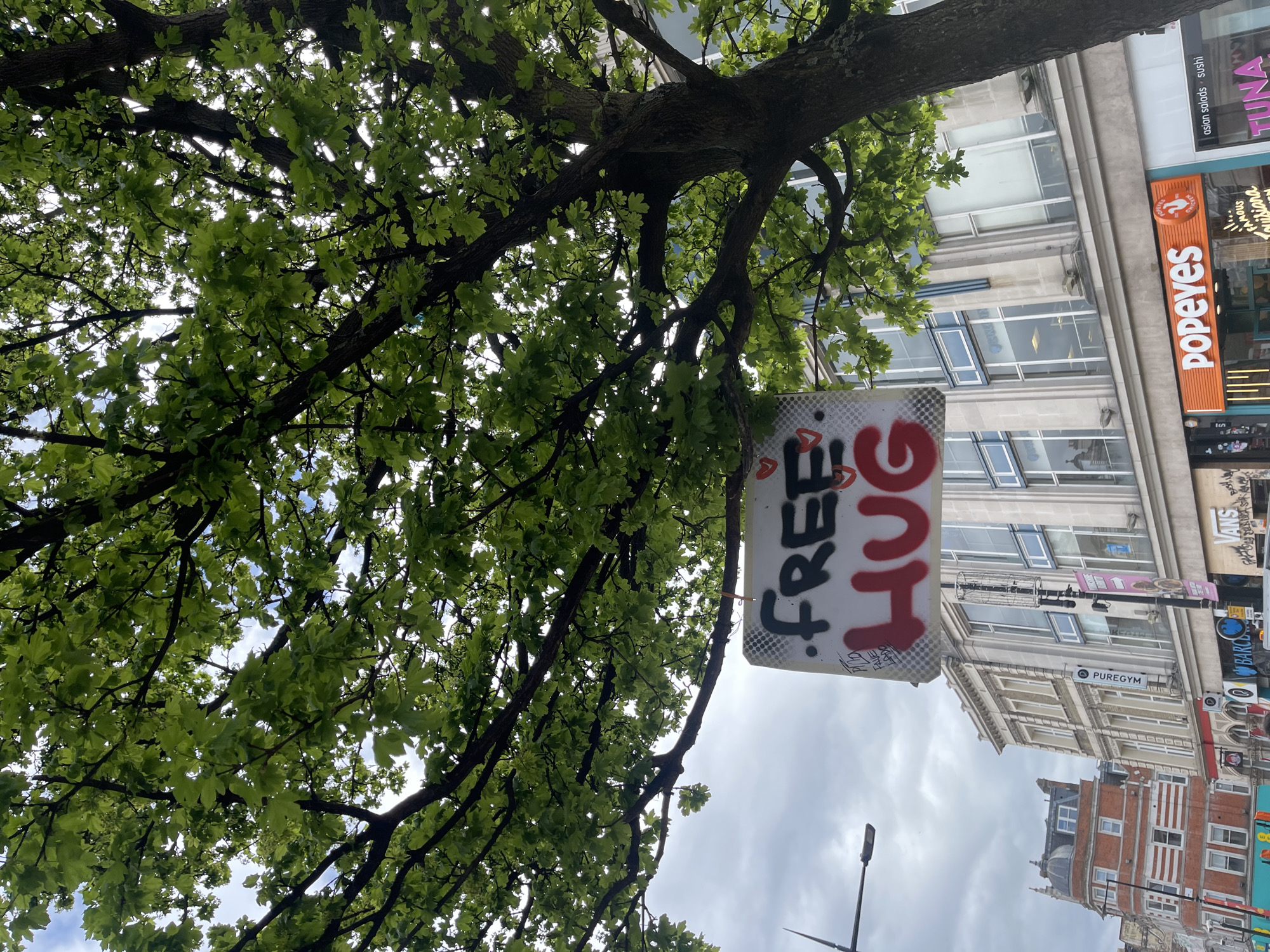 The image captures an upward view of a bustling urban street scene in London, UK, dominated by a large tree in the foreground. The tree features a dense canopy of bright green leaves and dark, sturdy branches, through which patches of cloudy sky and filtered daylight are visible.
A white, rectangular sign hangs from one of the tree's branches. The sign prominently displays the words "FREE HUG" in a hand-drawn, spray-paint style font, with "FREE" in black and "HUG" in red. A small red heart is visible to the left of the "H" in "HUG".
In the background, several commercial buildings line the street. Notable business signs include an orange sign for "Popeyes" and a white sign for "PureGym". Further along, parts of a sign for "TUNA" with the text "asian salads sushi" are visible, as well as a "VANS" logo on what appears to be a banner or poster. The buildings showcase varied architecture, including modern structures with large glass windows and older brick buildings with intricate details.
The sky is overcast with varying shades of white and grey clouds, indicating daytime. A street lamppost extends upwards from the lower part of the frame. While no people are visible, the "FREE HUG" sign suggests a friendly and welcoming atmosphere, hinting at a potential social activity within this vibrant urban setting.