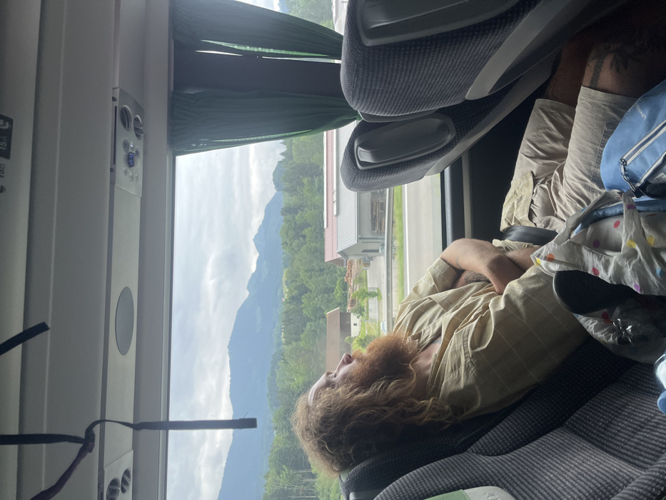 A person sleeps on a bus seat next to the window. The window shows a view of mountains and greenery. The individual has curly hair and a beard, wearing a plaid shirt and khaki pants. The seats are grey, with personal items scattered around. The scene is somewhat blurry. The image is rotated 90 degrees.