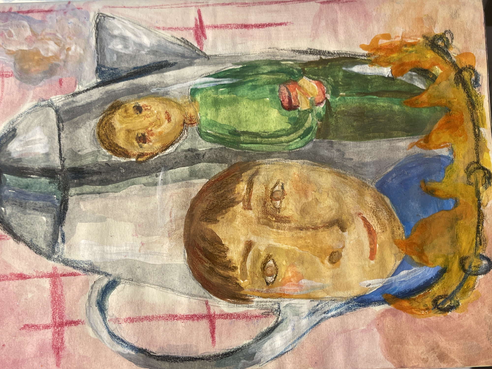 This is a watercolor painting depicting two stylized figures, possibly dolls or people, lying horizontally within an abstract, domestic setting. The figures are positioned as if viewed from above.
The figure on the left (or top, given the image orientation) has light brown hair and a light skin tone, wearing a vibrant green top with red-orange accents on the chest. Its eyes are open, looking forward. This figure is nestled within a large, grey, boat-like or spoon-shaped container with subtle handles visible.
The second, larger figure, located on the right (or bottom), has darker brown hair and a similar light skin tone. Its face is more prominent, with open eyes also looking upwards. This figure wears a blue top, and its head rests on the edge of the grey container. A dynamic, flame-like or floral element in shades of yellow and orange, detailed with black outlines, surrounds part of its head and extends to the right.
The background is predominantly pink, patterned with red crayon or pastel cross-hatching, suggesting a blanket, tablecloth, or patterned flooring. The overall scene conveys a static, contemplative mood, possibly depicting rest or a staged arrangement. The painting style is expressive, utilizing visible brushstrokes and varying color intensities. There is no visible text in the image.