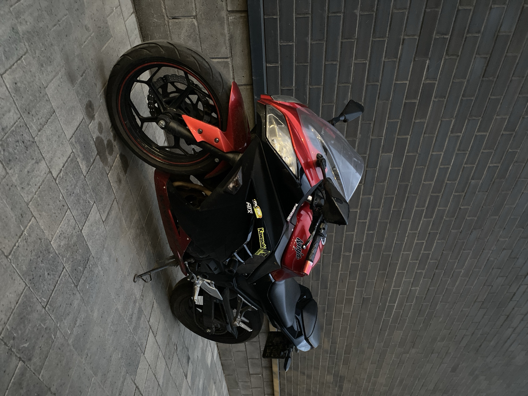 A red and black Kawasaki Ninja motorcycle is parked on a paved surface. The motorcycle is oriented at an angle, with the front facing to the right. It has various Kawasaki and Ninja stickers on its body. The background consists of a gray brick wall. The specific location within Saint Petersburg, Russia, is not discernible from this image.