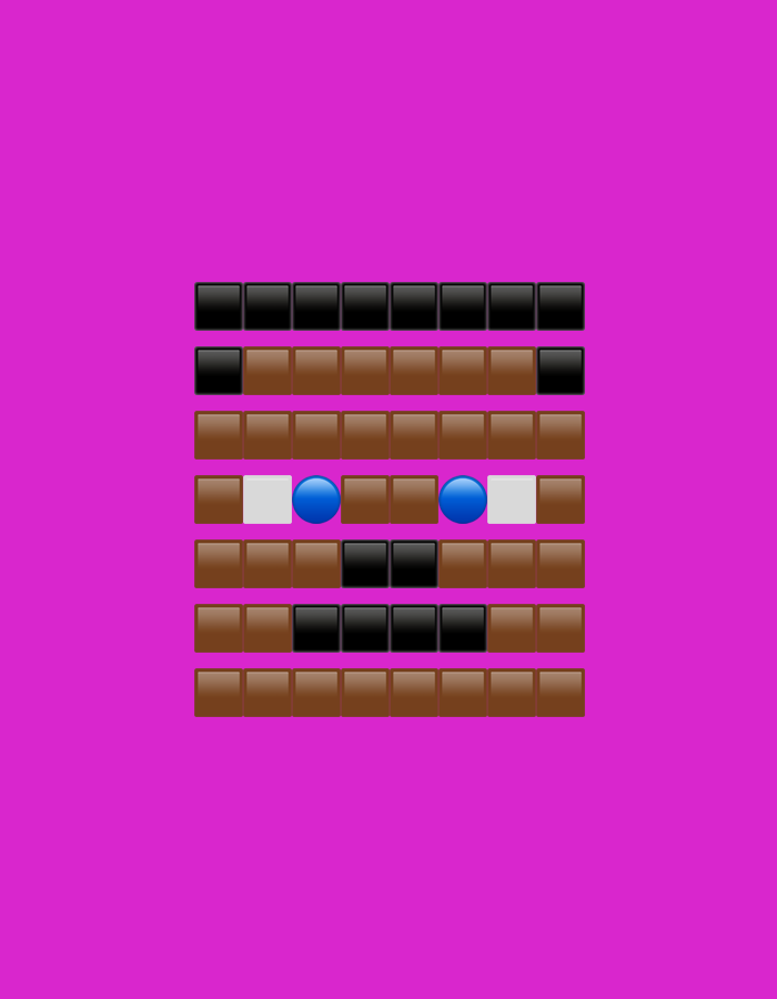 The image features a stylized, pixel-art-like face composed of various colored square and circular emojis or icons, set against a solid, vibrant magenta background. The face is centrally positioned in the frame.
The character's head is primarily constructed from rows of brown squares, suggesting a skin tone. The uppermost row consists of eight black squares, likely representing hair. Below this, a row of brown squares extends across, with single black squares at each end, perhaps indicating sideburns or a further definition of the hair/head.
The eyes are prominently displayed as two bright blue circles, symmetrically placed. These blue circles are flanked by small white squares on their outer sides, with brown squares filling the rest of that row. Below the eyes, a row contains a segment of black squares, appearing to form a mouth or a shadow. Another row directly beneath this mouth/shadow area also contains a segment of black squares, potentially indicating a beard, stubble, or chin shadow. The bottom two rows are entirely composed of brown squares, completing the facial structure.
The overall impression is that of a simplified, blocky character or icon, resembling a human or humanoid figure, with a neutral or slightly contemplative expression due to the basic blue circular eyes. There is no activity or event taking place; it is a static representation. No text is visible in the image. The uniform magenta background ensures that the pixelated face is the sole focus of the artwork.