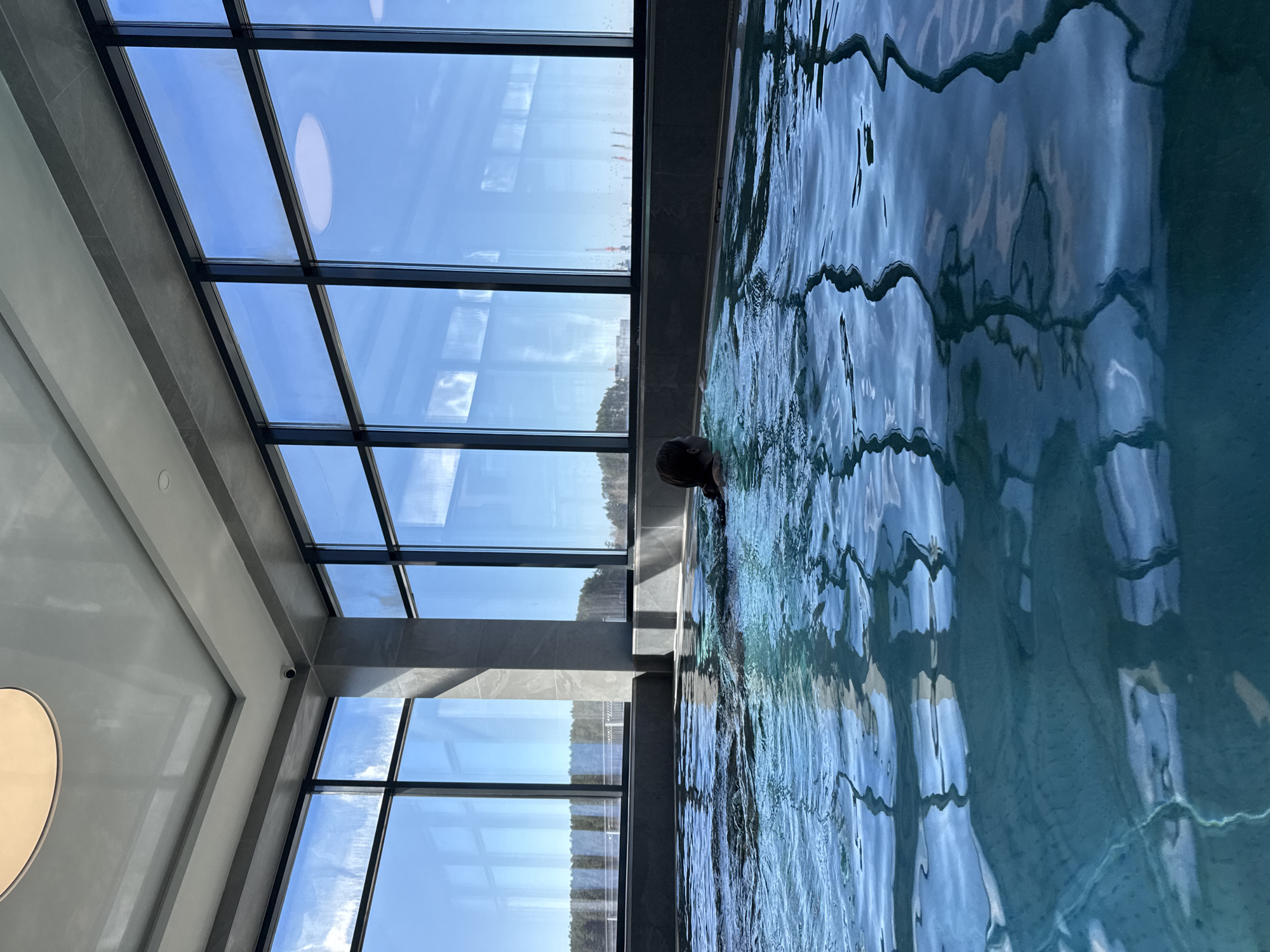 The image depicts a person swimming in a pool within a room featuring a large, grid-patterned window. The window provides a view of the outside, showing a sky with some clouds and trees. The location is the city of Chaikovsky, Russia. The pool water is blue and rippled, creating reflections. The room is modern in design, with gray walls and window frames. A small security camera is affixed to the ceiling.
