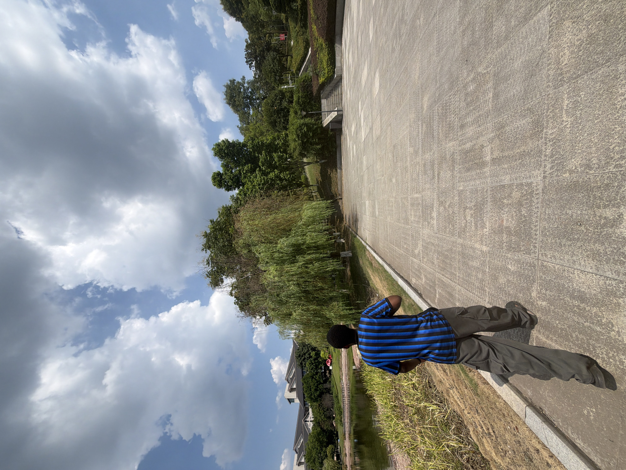 A person wearing a blue and black striped t-shirt and baggy gray cargo pants walks away from the camera down a wide paved pathway. The pathway is made of large, light-colored rectangular tiles. To the left of the pathway, a body of water is visible, with reeds and dry grass along its edge. Beyond the water, there are modern buildings with dark, slanted roofs. To the right of the pathway, a grassy slope is covered in dense green bushes and trees, with a set of stairs leading upwards in the distance. A weeping willow tree with long, trailing branches is prominently featured next to the pathway. The sky above is a mix of bright blue and large, white, fluffy clouds, indicating a sunny day. The scene appears to be a park or public garden area.