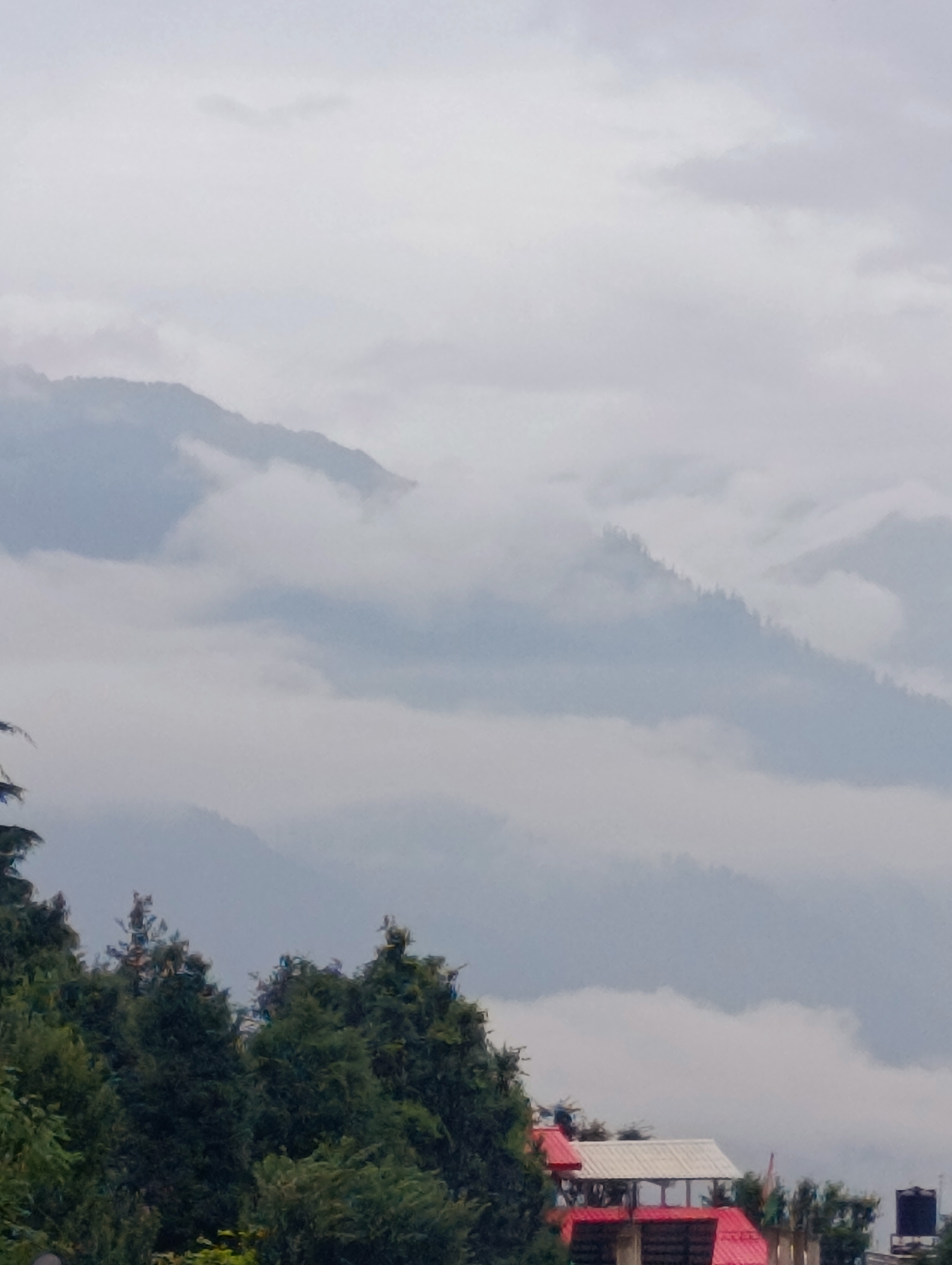 The image captures a misty mountain landscape in Vashisht, India. In the foreground, lush green trees dominate the lower portion of the frame, with glimpses of red-tiled rooftops and a white structure peeking through them. These structures suggest a human settlement amidst the natural scenery. The middle ground is characterized by layered mountain ranges, partially obscured by thick, ethereal clouds that weave through the slopes. These clouds create a sense of depth and mystery, softening the rugged contours of the mountains. The background consists of more distant mountains, fading into a hazy, overcast sky, enhancing the atmospheric quality of the scene. The overall impression is one of tranquil, cloudy mountain scenery with a hint of habitation.