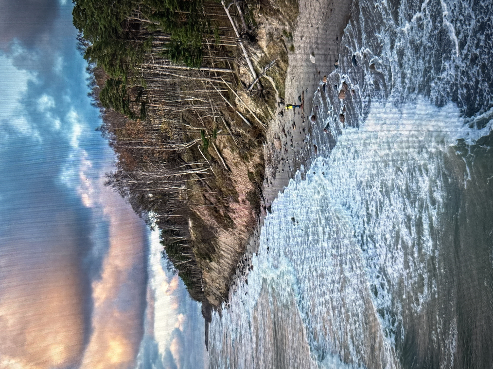The image depicts a coastal cliffside scene with a person standing on a sandy beach. The sky is filled with dramatic clouds, tinged with pink and orange from what appears to be a sunrise or sunset. The sea is rough, with waves crashing onto the shore. The cliff face is covered in trees, some of which have fallen. The person, wearing a yellow jacket, is facing away from the camera and appears to be observing the sea. The location is identified as the city of Pastavy, Belarus, however, the geographical features depicted, such as a coastline with ocean waves, are not consistent with the inland location of Pastavy, which is situated within the Vitebsk region of Belarus and is known for its lakes and rivers, not a sea coast.