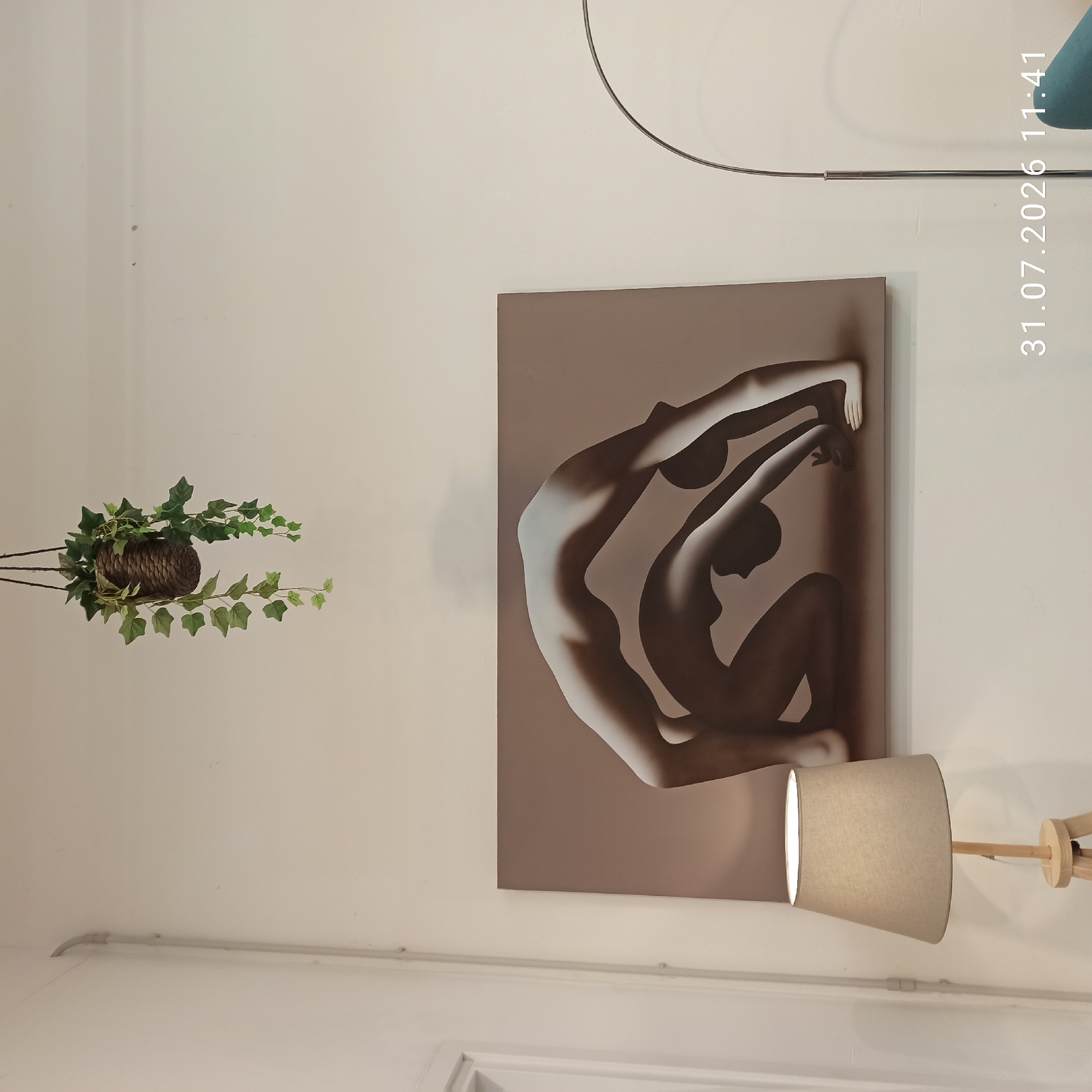 The image depicts an indoor scene with a painting of two nude figures in a yoga pose, a hanging plant, a floor lamp, and a portion of a wall with some fixtures. The painting is the central focus, displaying two figures in a symmetrical arched pose, creating a sense of fluidity and strength. A small, brown, hanging basket with green artificial ivy dangles from the ceiling above the painting. To the left, a floor lamp with a conical, beige lampshade stands on a wooden tripod base. A portion of a metallic arc floor lamp is visible on the right side of the frame. The wall appears to be painted a light, neutral color. A timestamp "31.07.2026 11:41" is overlaid in the bottom right corner of the image. There are no people actively present in the scene. This scene is not specific to Modugno, Italy; it's a general indoor setting.