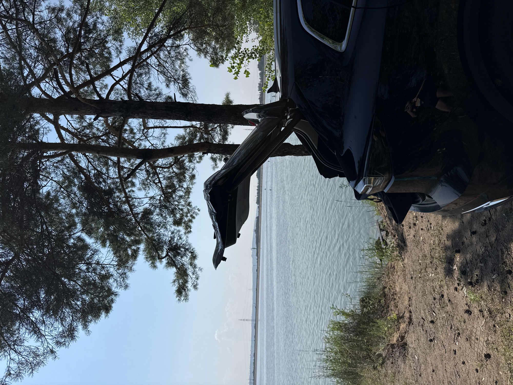 A black SUV is parked on a dirt path by a body of water. The rear hatch of the SUV is open, revealing a dark interior. Tall pine trees with sparse needles dominate the upper portion of the image, with their branches silhouetted against a clear blue sky. The water is a calm, muted blue-green, and the shoreline is covered in dry grass and scattered pinecones. In the distance, across the water, a power line tower is visible. The scene appears to be a natural, undeveloped area, likely a recreational spot.