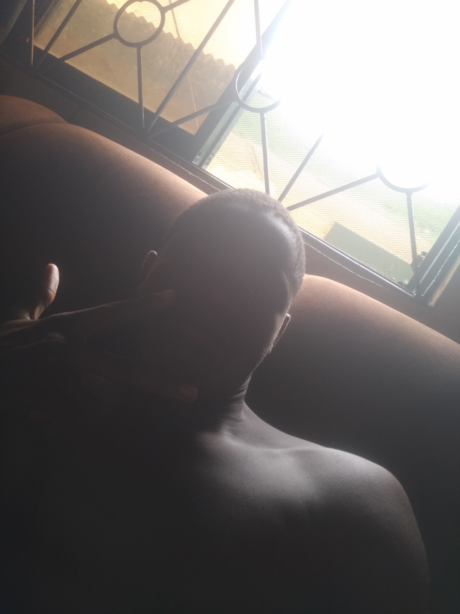 The image presents a high-contrast, close-up shot of an individual, likely male, in an indoor setting. The subject's upper body, including their shoulder, neck, and part of their head with short hair, is visible. Their face is largely obscured by deep shadow and partially by their left hand, which is raised and appears to be making a 'peace' or 'V' sign. The person seems to be shirtless.
In the background, an intensely bright window dominates the upper right portion of the frame, creating an overexposed white area due to strong sunlight. A dark metal security grille with a decorative, geometric pattern featuring circular and radial elements is prominent across the window. Behind the grille, a fine mesh screen is visible, with hints of green foliage or distant scenery beyond.
The person appears to be leaning against or seated on a large, upholstered piece of furniture, possibly a couch or armrest, which is brown or tan in color and forms a curved shape on the left side of the frame. The extreme backlighting casts the foreground subject into deep silhouette, although the contours of the person's shoulder and neck are subtly highlighted by the light. The strong illumination from the window indicates it is daytime. No discernible text is present in the image.