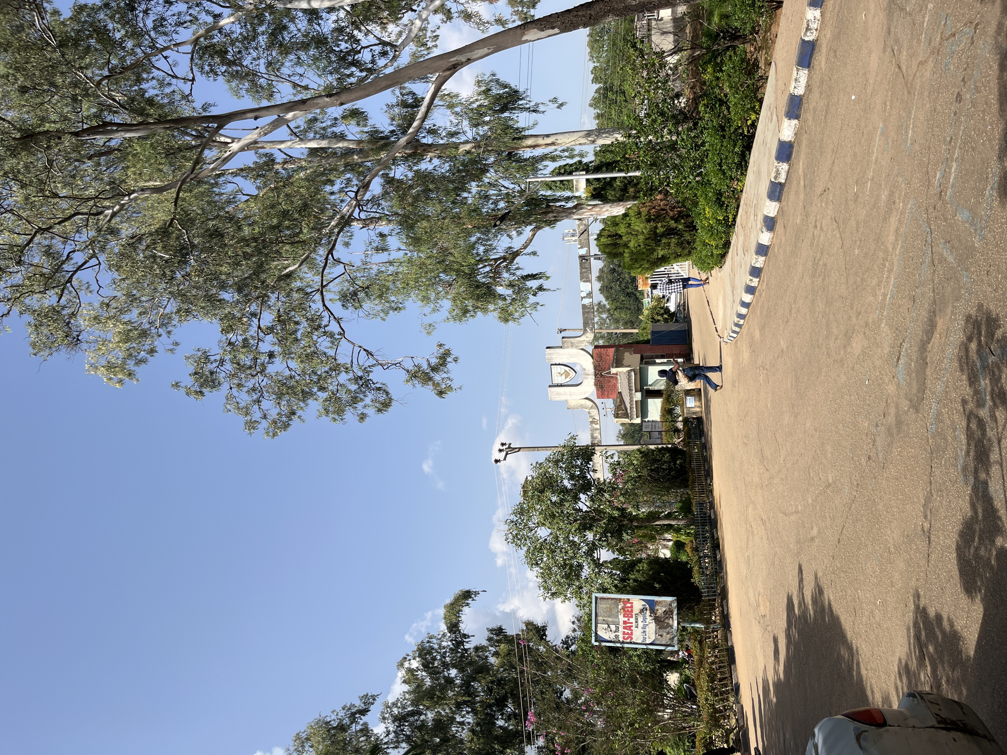 The image captures a street scene in Jos, Nigeria, bathed in the bright sunlight of a clear day. Tall eucalyptus trees with their distinctive silvery bark dominate the left side of the frame, their branches reaching towards a vibrant blue sky dotted with a few wispy white clouds. A paved road runs along the right, bordered by a concrete curb with alternating blue and white tiles.
Along the road, several figures are visible. Two individuals, one wearing a checkered shirt and blue jeans, and another in darker clothing, are walking away from the camera. Further down the road, a person in a blue shirt and jeans is also walking. In the background, there are glimpses of buildings, lush green trees, and a utility pole with electrical wires. A signpost with text is also present, though not fully legible in the main image. One of the cropped images reveals the text "Please Use Your SEAT-BELT ALWAYS. You Are His Dependable." This suggests an awareness campaign for road safety.
The overall atmosphere is serene and suggests a typical daytime in a Nigerian town, with a focus on natural elements like the trees and sky alongside man-made infrastructure. The strong shadows cast by the trees indicate it is likely midday.