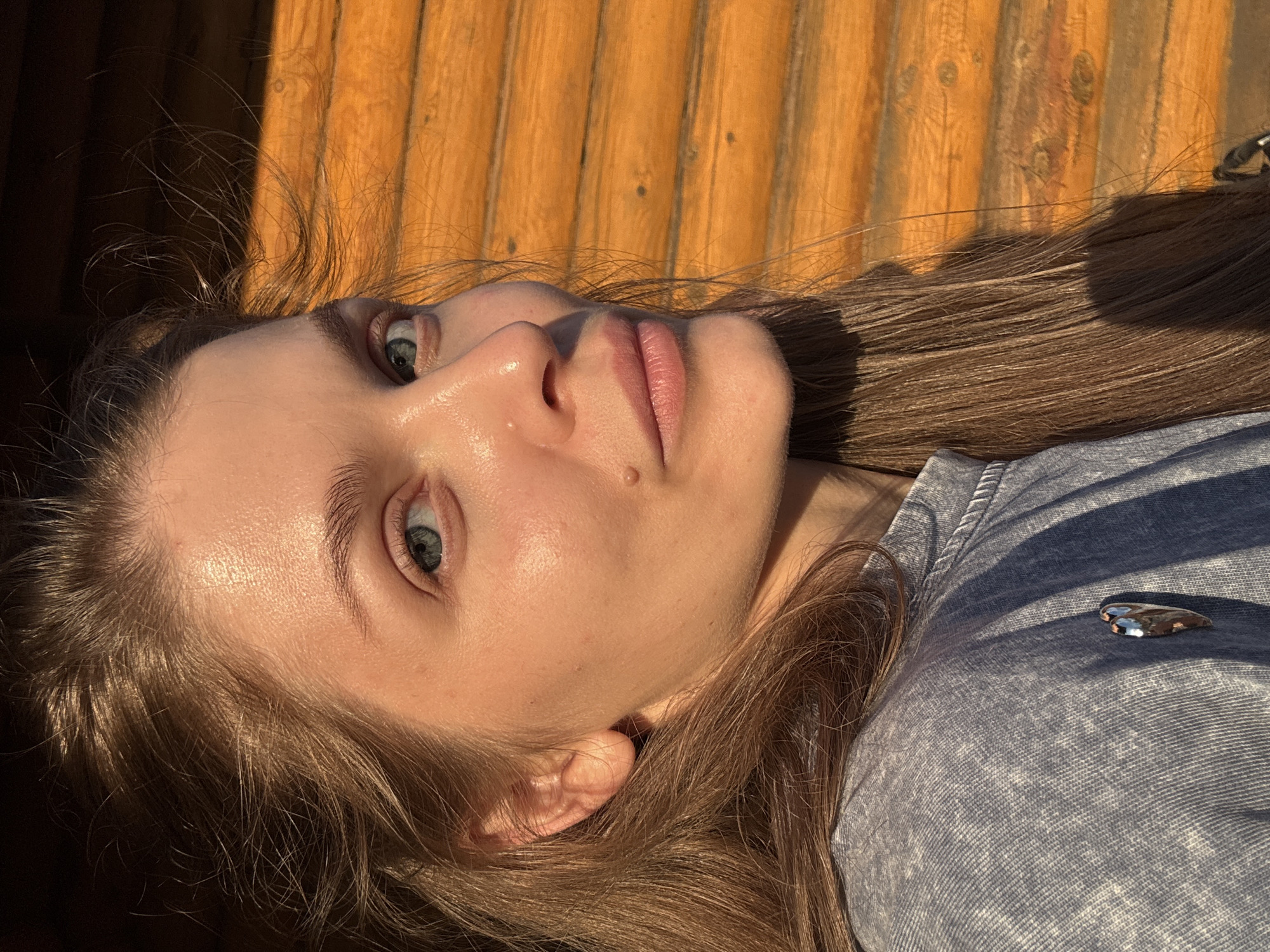 A medium-close shot shows the profile of a young woman with long brown hair, her face turned towards the right. She has light blue eyes, fair skin, and appears to be outdoors. She is wearing a gray t-shirt with a textured pattern. Behind her is a wooden wall made of horizontal logs, brightly lit by sunlight, casting shadows on the woman and the wall. The image appears to have been taken in Minusinsk, Russia, given the context provided. The lighting suggests it might be late afternoon due to the warm tones and long shadows.