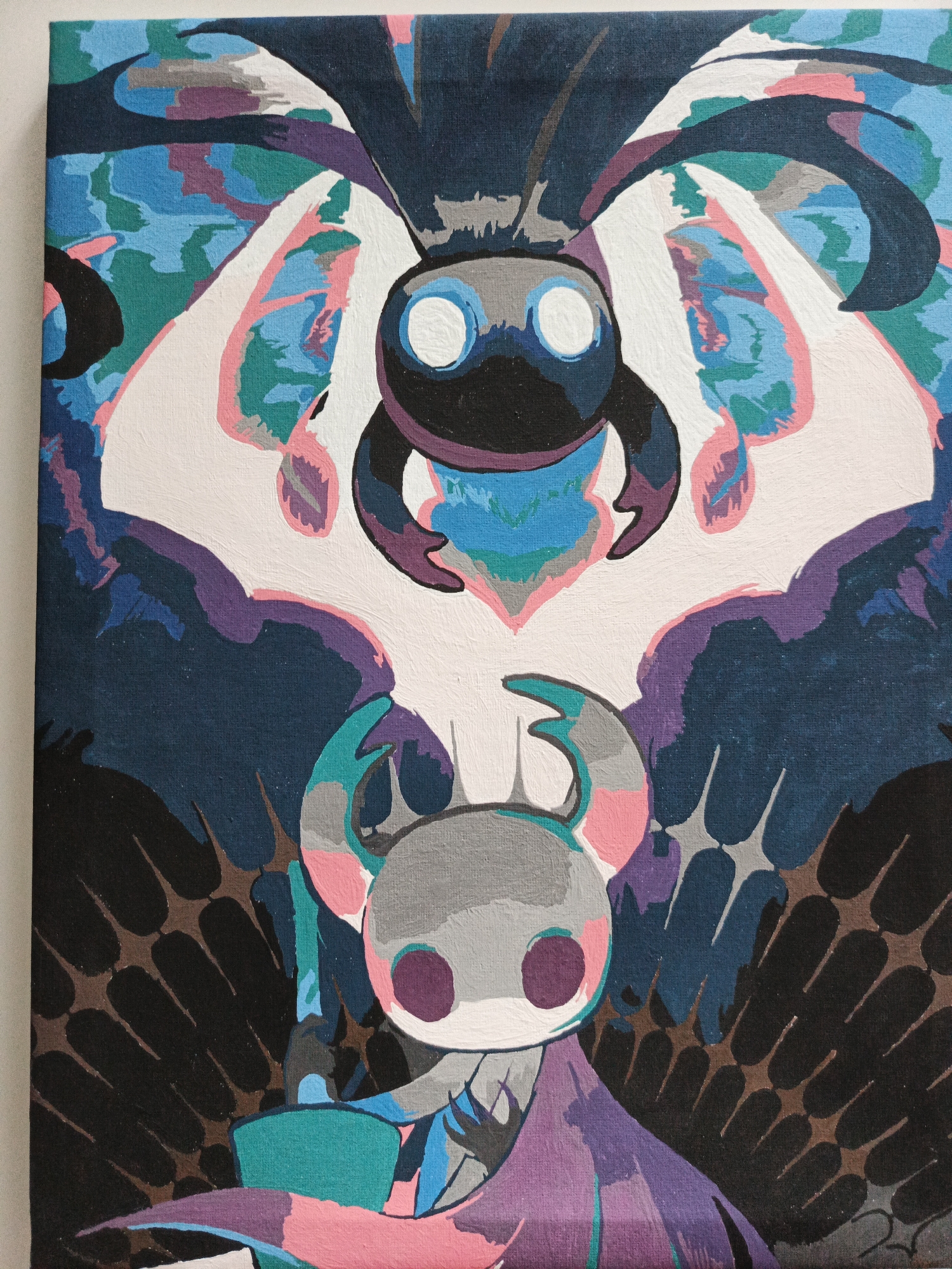 The image displays an acrylic painting on canvas, rendered in a highly stylized, semi-abstract manner. The scene depicts two characters from the video game "Hollow Knight" arranged vertically.
In the upper center, a figure resembling the Seer is depicted. It possesses a dark, rounded body with two prominent, circular white eyes outlined in light blue. Its lower torso shows accents of bright teal and pink. Stylized, dark blue and purple forms, resembling wings or ethereal energy, extend outwards from its sides and blend into the upper background.
In the lower center, a figure resembling the Knight is positioned. It has a pale grey, segmented head with two horn-like protrusions and two deep pink circular eyes. Its body is dark, and it is draped in a flowing purple cloak. The Knight holds a prominent teal, sword-like object in its right hand.
The background is fragmented into distinct color blocks. Above the Seer, the background consists of vibrant blue, teal, and purple shapes, suggesting a luminous, expansive sky or void. Below the Knight, the background features radiating dark brown and black elongated shapes, resembling feathers or spikes, creating a grounded or shadowed appearance. A large, irregular white form, outlined with pink and purple accents, spans the central portion of the canvas, acting as a visual separation and frame between the two characters.
The painting utilizes a bold color palette dominated by various shades of blue, teal, purple, and black, accented by bright pink, white, and grey. The visible brushstrokes indicate a painted medium. The depicted environment is a stylized, fictional setting, not a literal location in a real-world city.