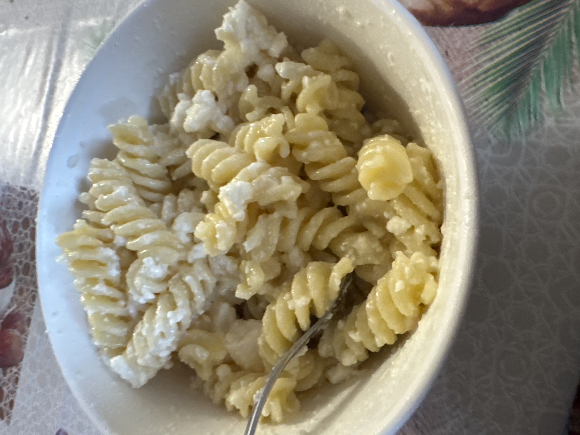 A close-up, overhead shot shows a white bowl filled with fusilli pasta mixed with a creamy white sauce, possibly cheese or yogurt. The pasta is a light yellow color and appears to be well-cooked. The sauce is distributed throughout the pasta, giving it a somewhat clumpy appearance in places. A silver fork is partially visible, resting on the pasta and angled towards the right side of the bowl, suggesting someone is about to eat the dish or has just taken a bite. The bowl is set on a patterned surface, possibly a tablecloth, with a lace-like texture visible on the left and a darker, more textured pattern on the right. In the background, a green, fan-like shape, likely a leaf or palm frond, is visible, along with hints of other food items. The lighting suggests it is daytime, and the overall impression is of a home-cooked meal. The location context of Plovdiv, Bulgaria, suggests this might be a traditional Bulgarian dish, potentially involving a dairy product like sirene or a creamy sauce. No visible text is present in the image.